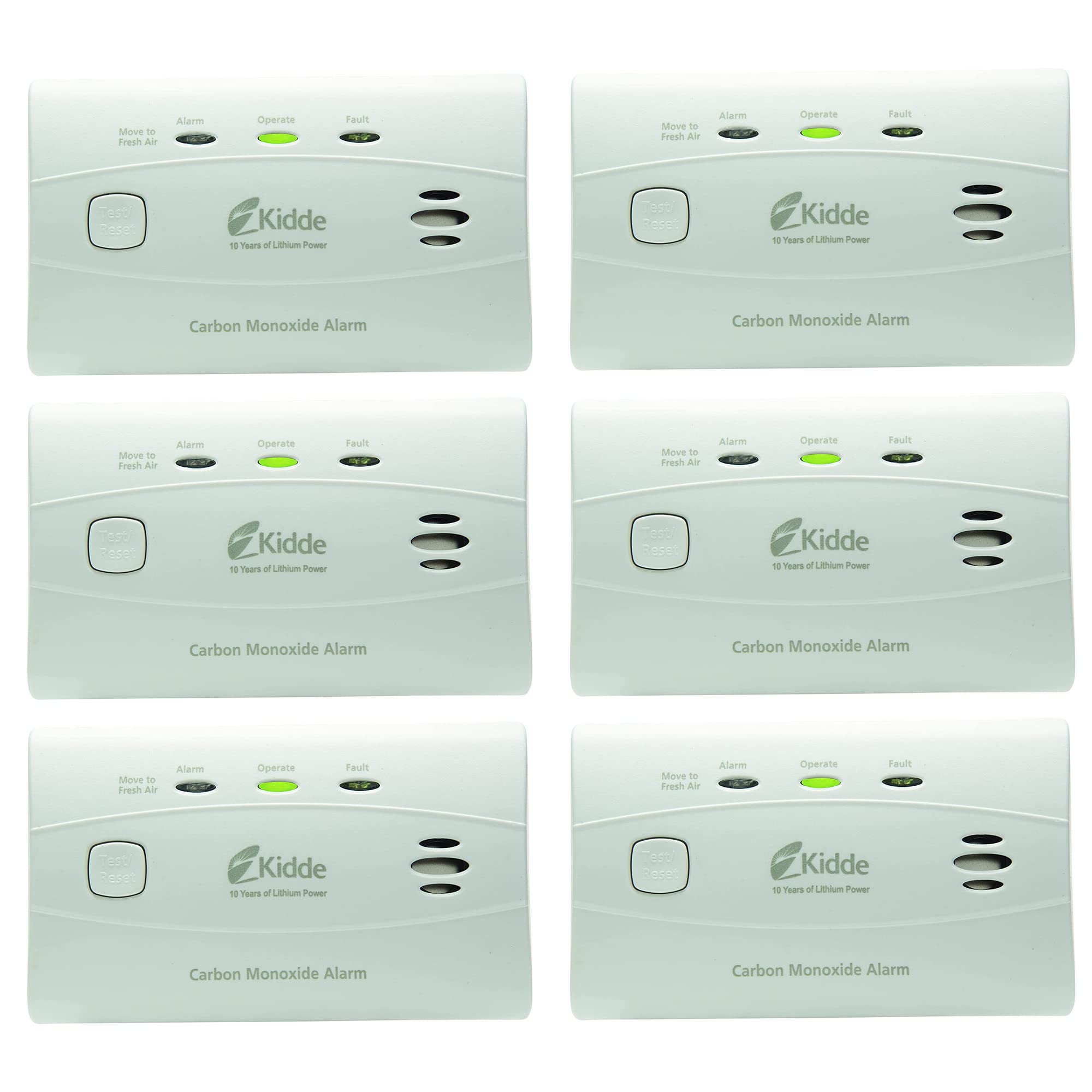 Kidde 10-Year Battery Carbon Monoxide Detector with LED Lights & Alarm Memory - 6 Pack for Home, Office, and RV Safety Protection