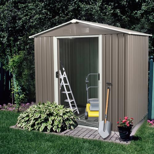 6x5 FT Outdoor Metal Garden Storage Shed with Side Window - Utility Tool Shed with Sloping Roof, Air Vents & Lockable Sliding Doors - Durable Backyard Lawn Storage House (Grey, 6x5) - Perfect for Storing Gardening Tools, Lawn Mowers & Outdoor Equipment