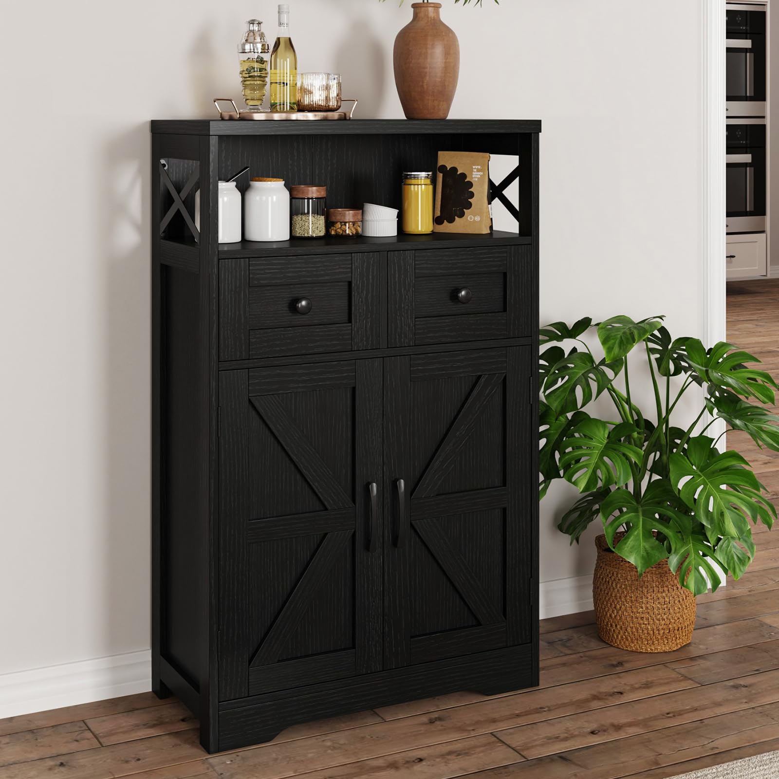 Black Farmhouse Kitchen Pantry Cabinet with Doors & Shelves - Freestanding Floor Hutch Cupboard for Coffee Bar Storage - Perfect for Kitchen, Laundry Room & Living Room Organization