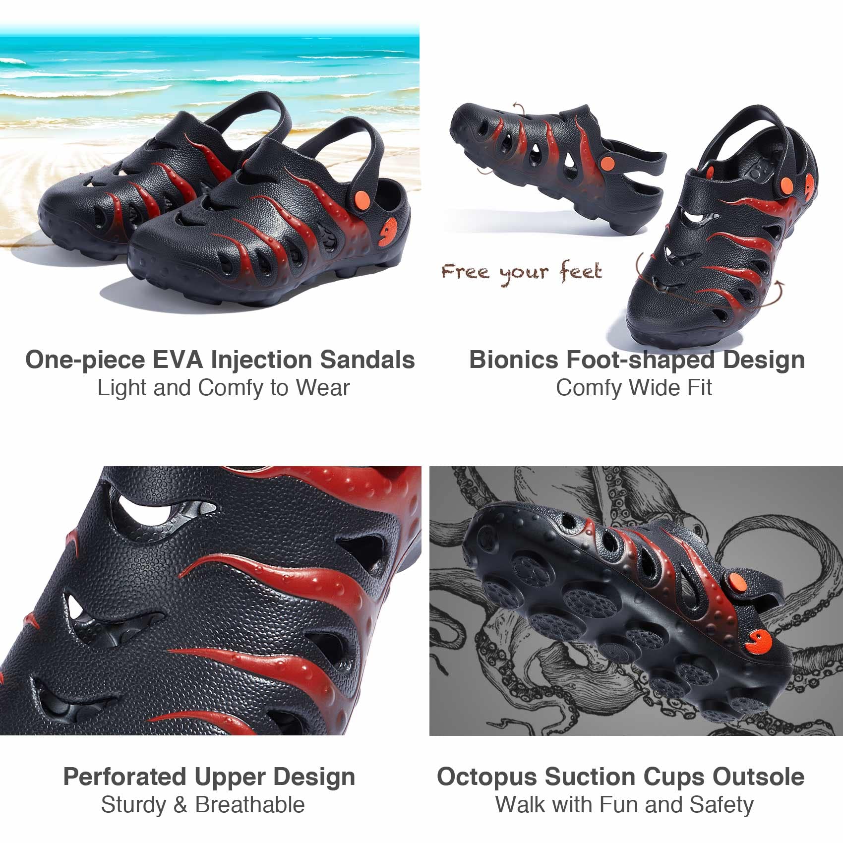 UIN Women's Clog Garden Shoes - Slip On Beach Sandals with Octopus Design | Waterproof Outdoor Slippers for Gardening, Walking & Beach Vacations