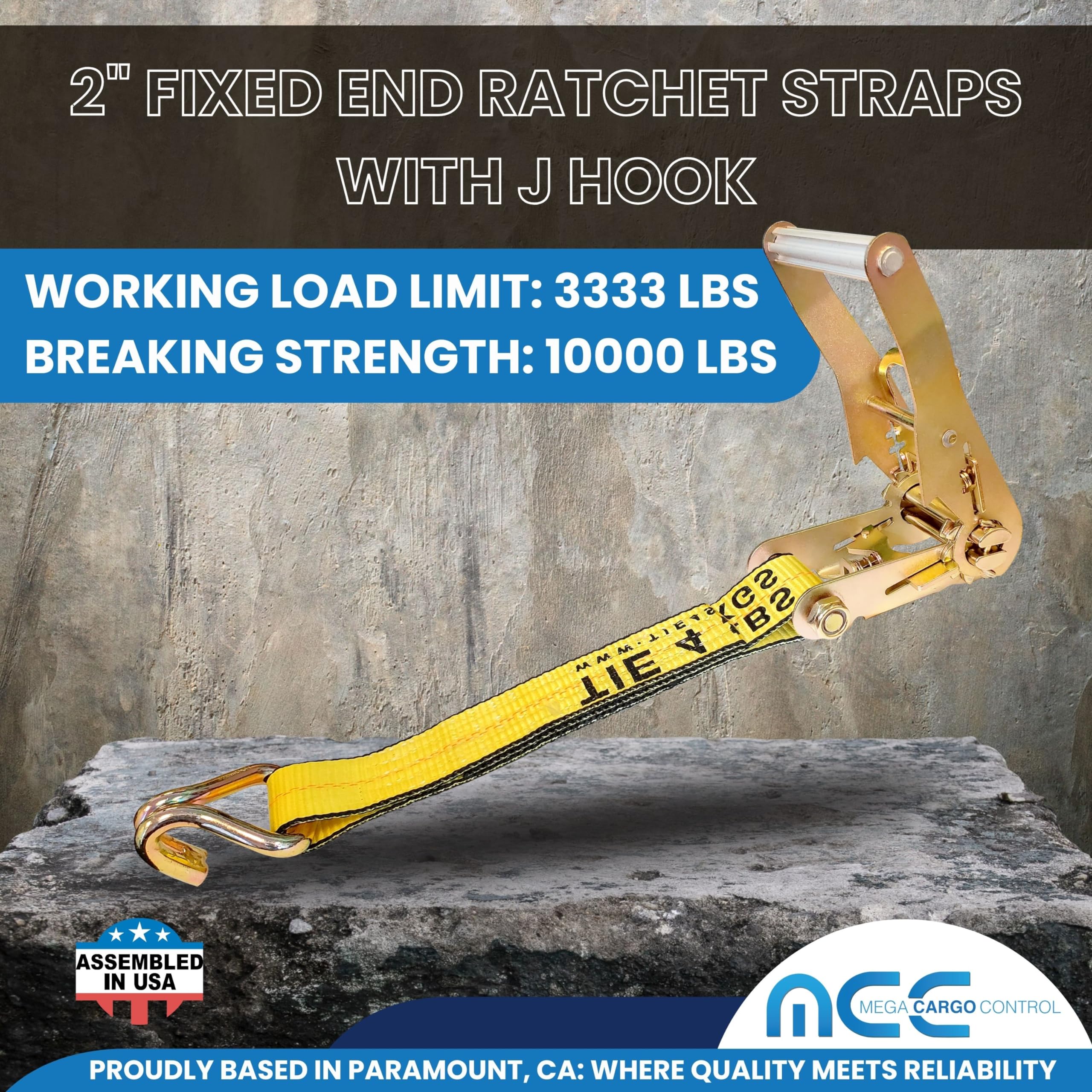 2 Inch Heavy Duty Fixed End Straps with J Hooks - 10 Pack Yellow Ratchet Tie Down Straps for Truck, Motorcycle, ATV & Cargo Securing