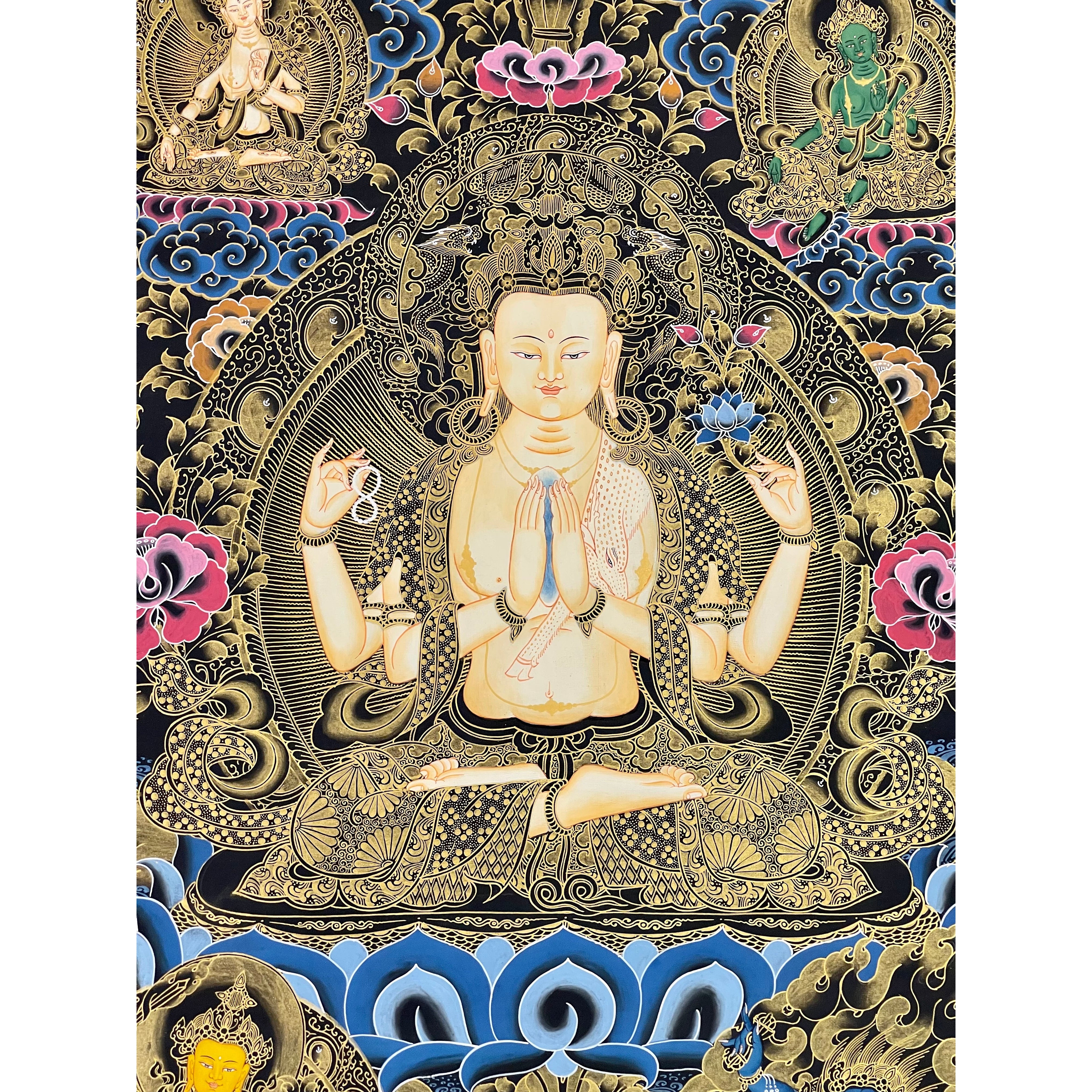 Authentic Chenrezig Thangka Painting - Handmade Tibetan Buddhist Art for Meditation & Home Decor | Perfect for Spiritual Practice, Yoga Studios & Gift Giving