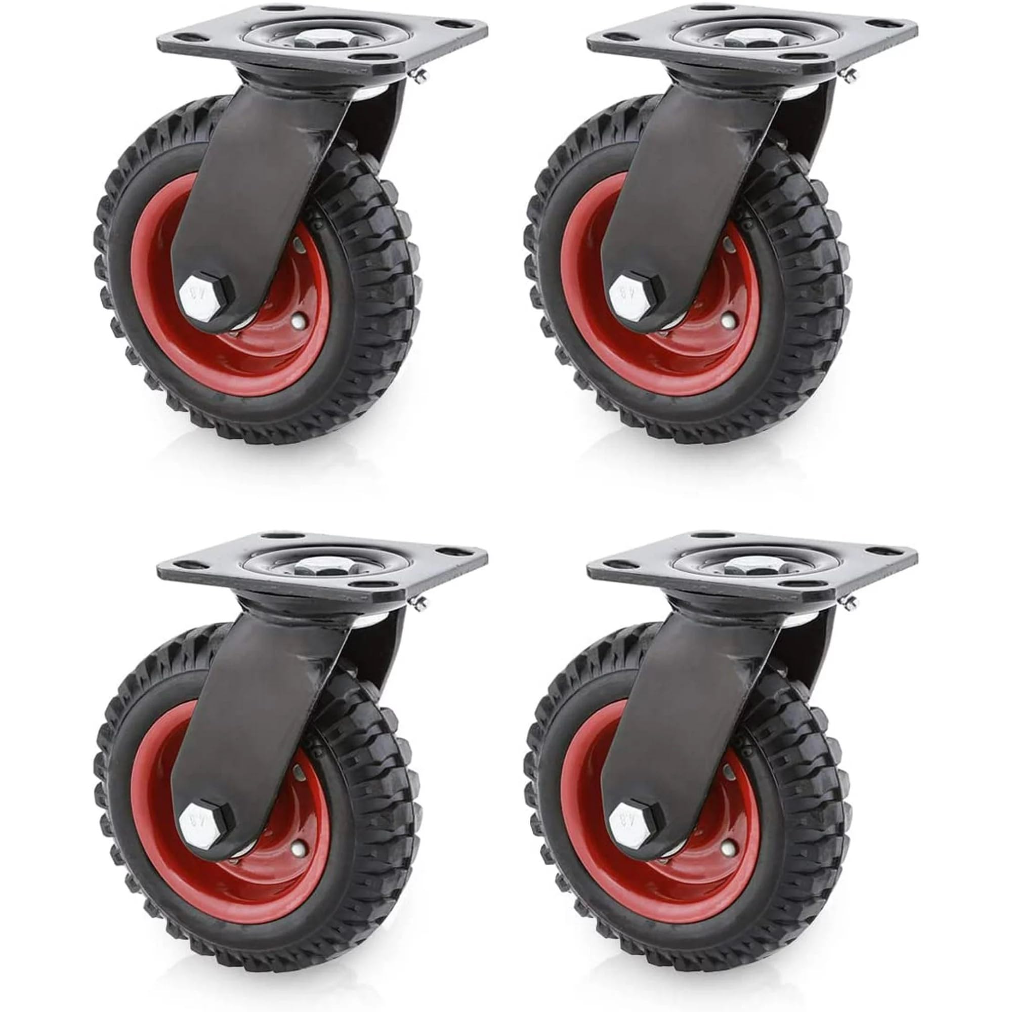 POWERTEC 8 Inch Heavy Duty Swivel Caster Wheels Set of 4 - Rubber Knobby Tread Plate Casters for Workbench, Dolly, Cart, Trolley, Wagon & Chicken Coop - Large Rubber Castor Wheels (17051-P4) - Perfect for Garage, Workshop & Industrial Use