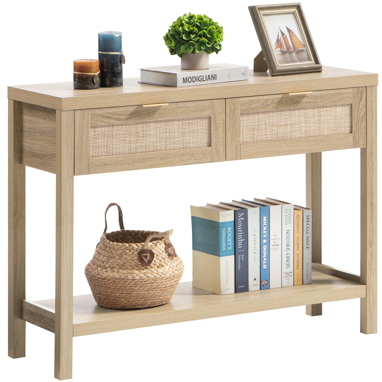 Boho Rattan Console Table with Storage Drawers - Entryway Sofa Table for Hallway, Small Couch Table, Perfect for Living Room, Bedroom & Entryway Décor