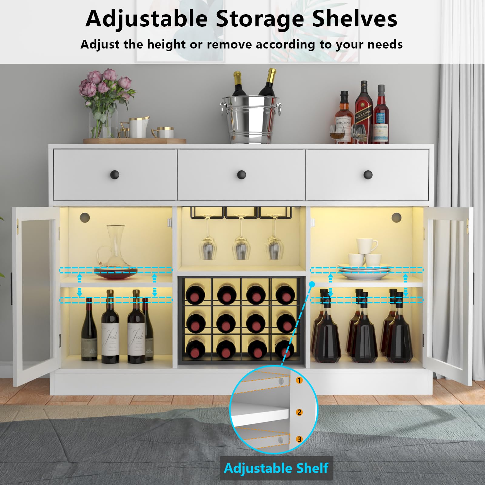 Modern White Wine Bar Cabinet with LED Lights - Kitchen Buffet Sideboard with Adjustable Shelves, Glass Door & Storage Drawers - Perfect for Home Bar, Dining Room & Living Room Storage