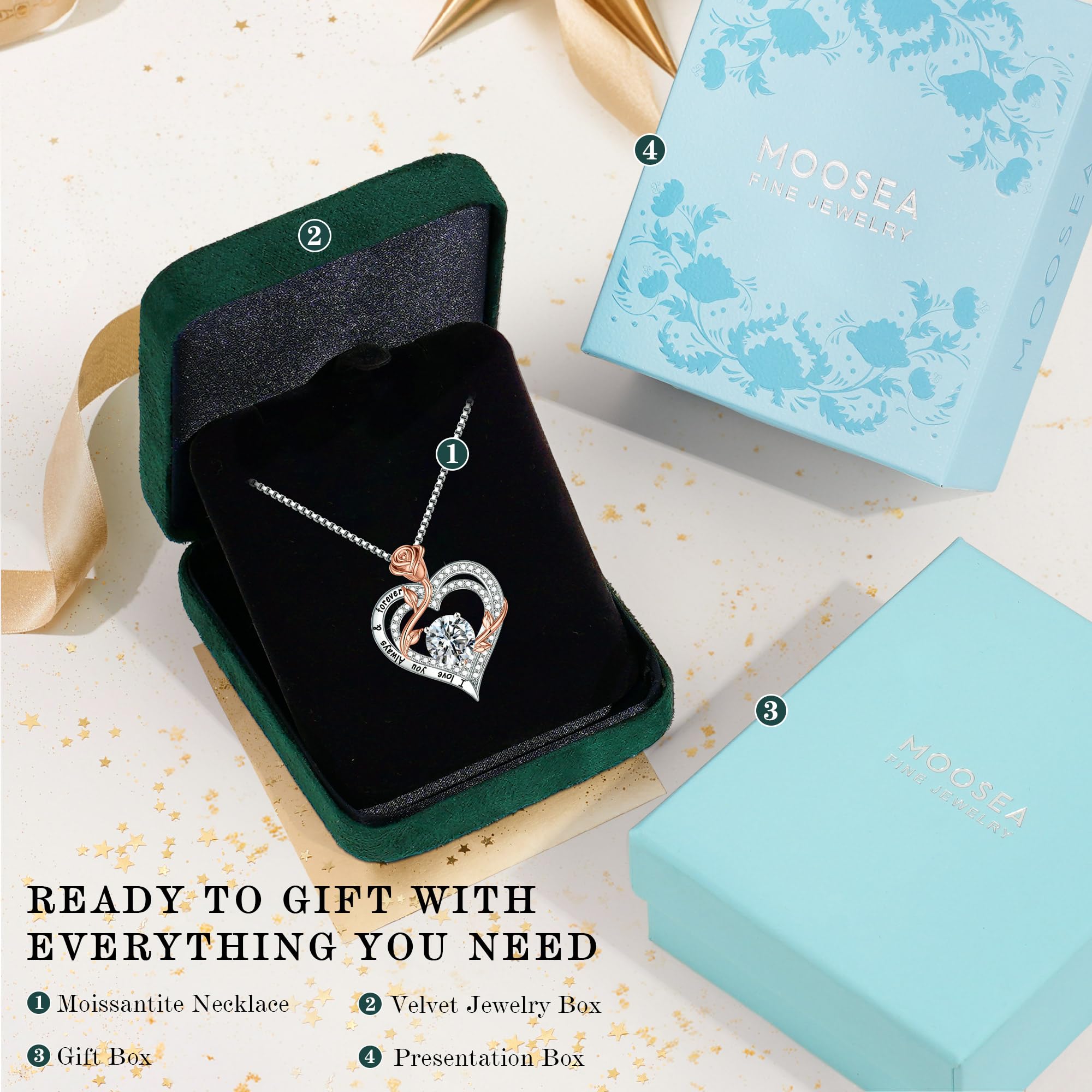 MOOSEA 1-3 ct D Color VVS1 Moissanite Rose Heart Necklace - Anniversary & Birthday Gift for Wife, Girlfriend, Women | Perfect for Valentine's Day, Wedding, Proposal & Romantic Occasions