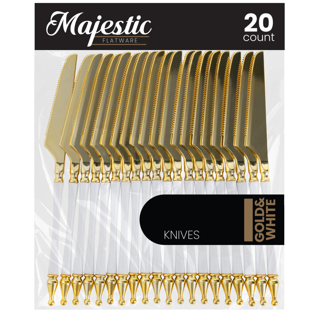 Majestic Collection 20-Piece Gold and White Plastic Flatware Set - Elegant Disposable Cutlery for Parties, Picnics, and Events