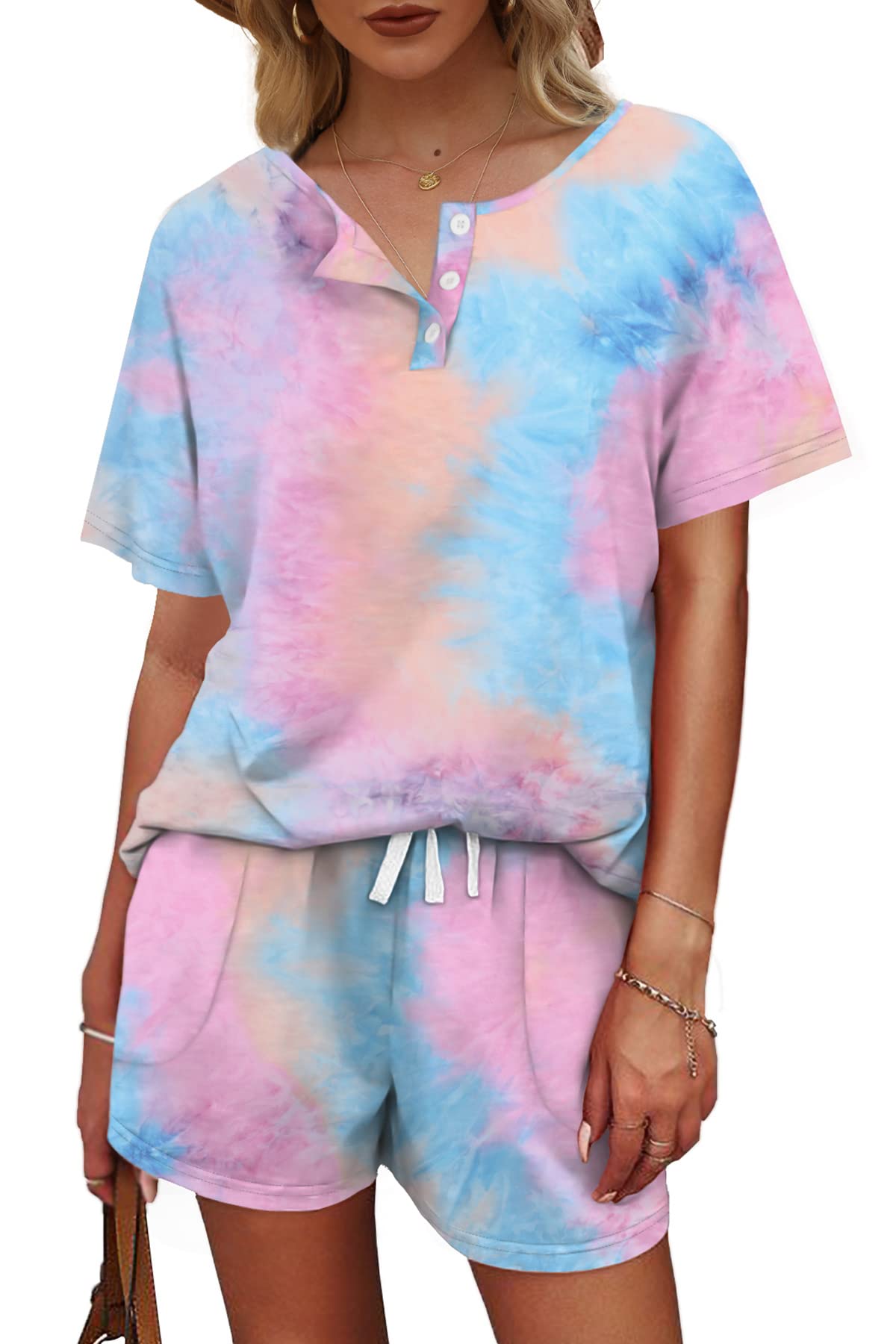 WIHOLL Women's 2-Piece Lounge Set - Button Down Top & Shorts with Pockets | Comfortable Sweatsuit for Home, Yoga & Casual Outings