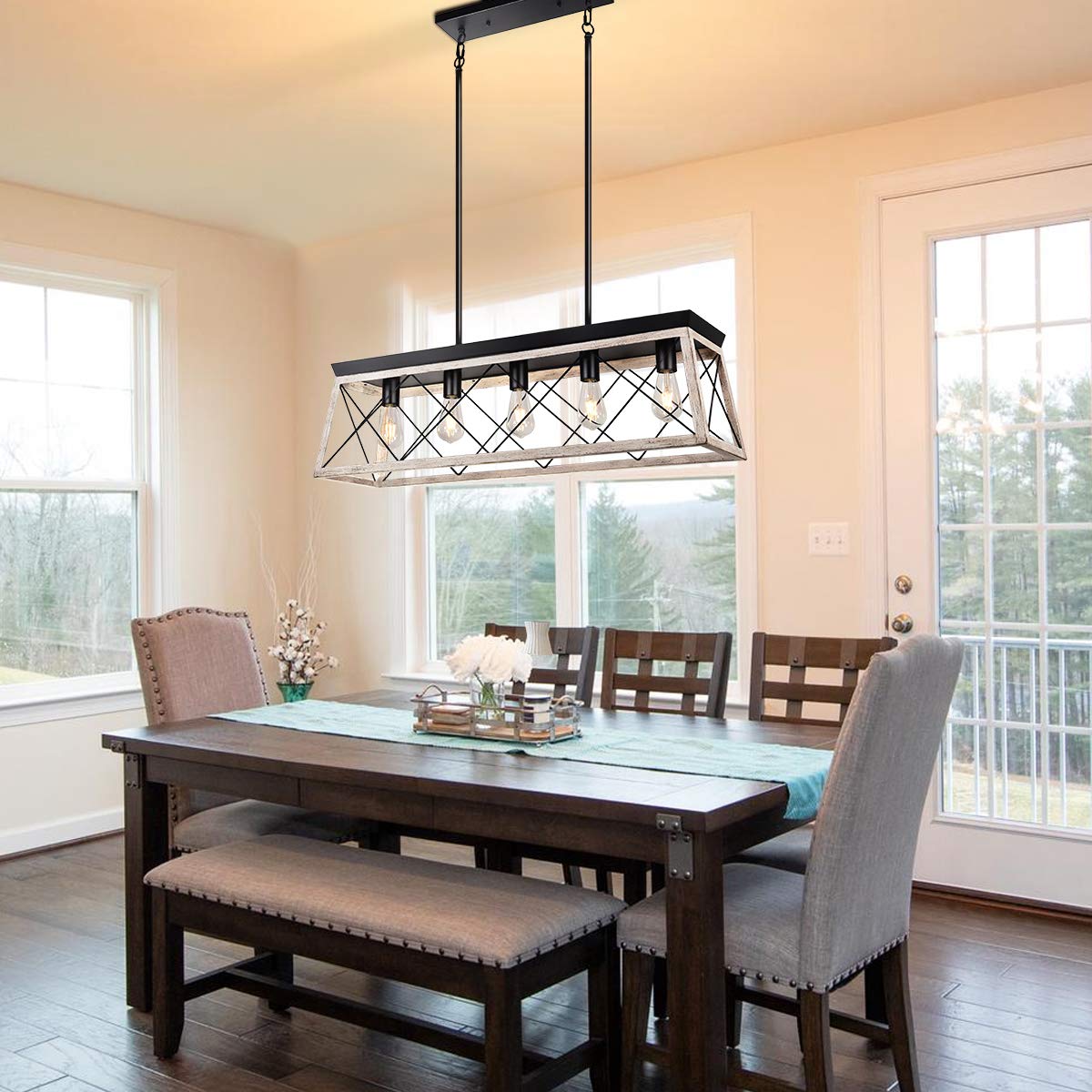 Rustic Farmhouse Kitchen Island Chandelier - 5-Light White Wood Finish Linear Hanging Light Fixture for Dining Room & Modern Kitchen | Perfect Over Table, Breakfast Nook & Bar Counter Lighting
