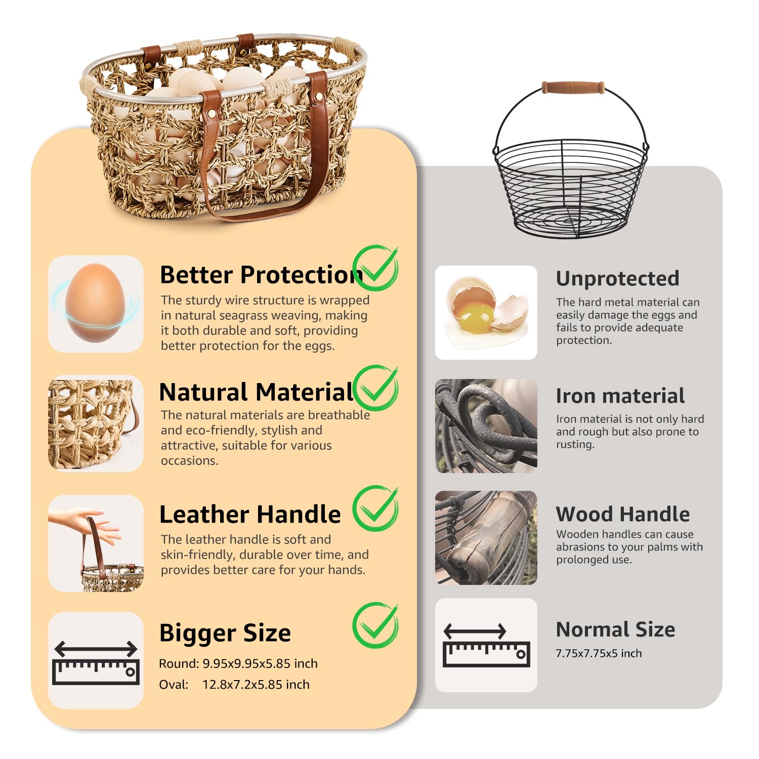 Handmade Wicker Egg Basket - Farmhouse Seagrass Oval Storage Basket with Handle for Collecting Fresh Eggs | Perfect for Chicken Coops, Easter Decor, Picnics, Harvest Display & Bread Storage