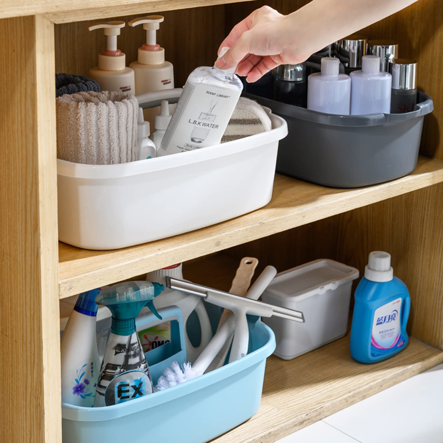 AWEHIRU FVLFIL Large Cleaning Supplies Caddy with Handle - Plastic Cleaning Bucket Organizer for Mops, Sponges & Detergents - Under Sink Storage Caddy for Bathroom & Kitchen (Blue) - Perfect for Home, Office & Janitorial Use