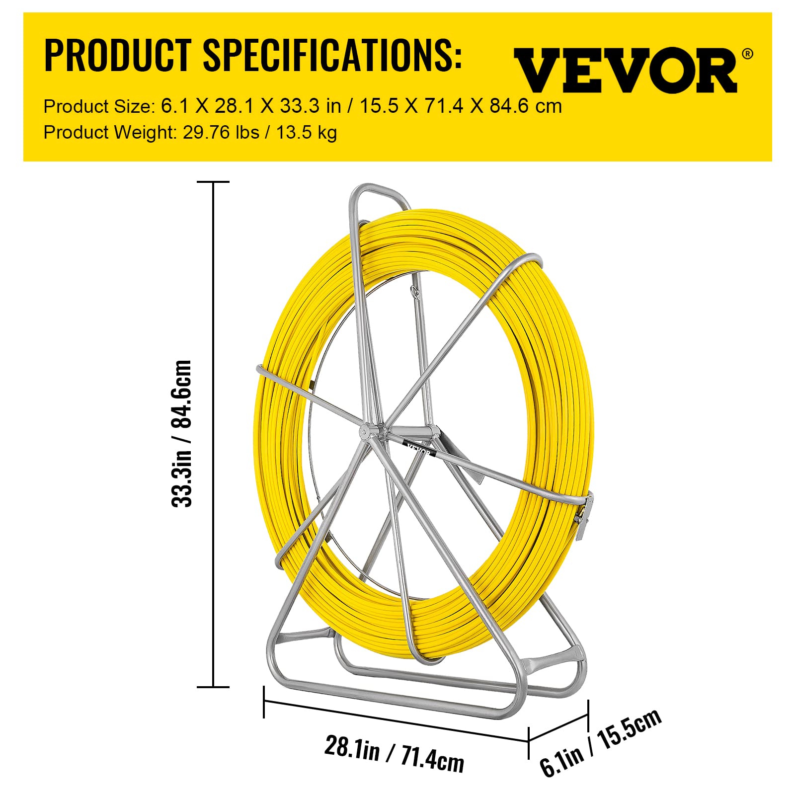Happybuy 8MM x 492FT Fiberglass Fish Tape - Steel Reel Stand with Cage & Wheel - 13 Inch Min Bending Radius - Durable Wire Cable Puller for Electrical Conduit Work - Perfect for Electricians and DIY Home Wiring Projects
