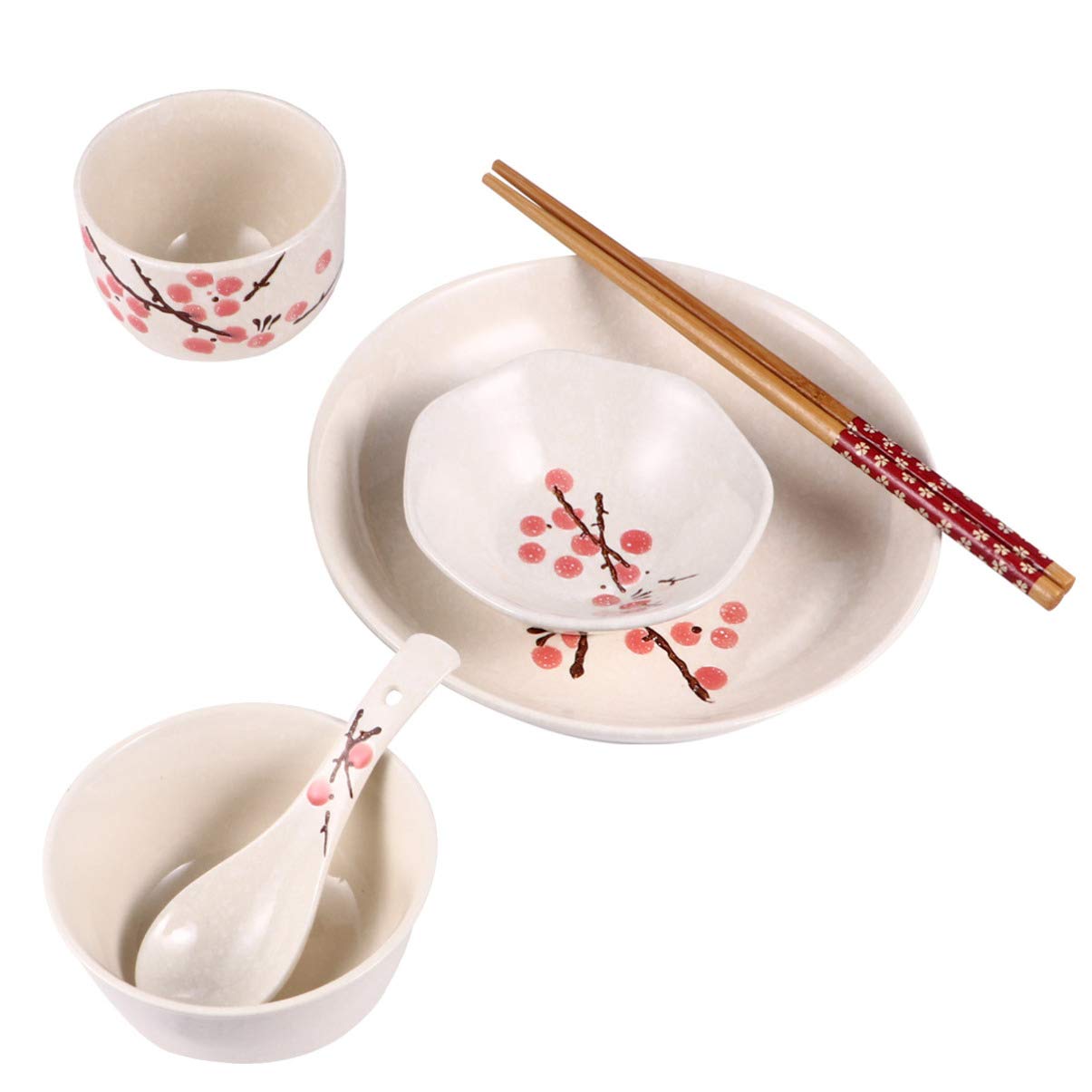Premium Japanese Ceramic Tableware Set - 16-Piece Sushi Plates, Soy Sauce Dishes, Rice Bowls, Spoons, Chopsticks & Tea Cups - Elegant Red Dinnerware for Wedding, Housewarming & Asian Dining Experience