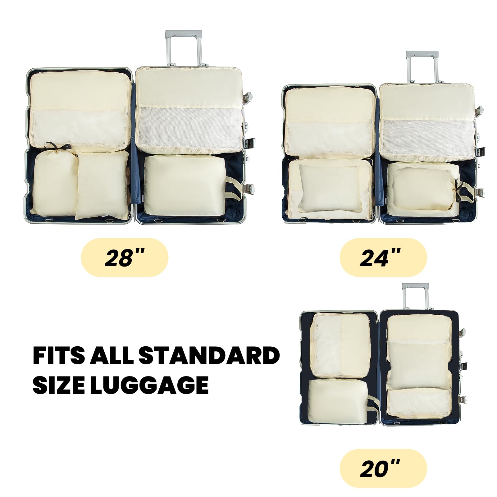 7-Piece Travel Packing Cubes Set - Beige Luggage Organizers for Suitcases | Space-Saving Travel Accessories for Business Trips & Vacations