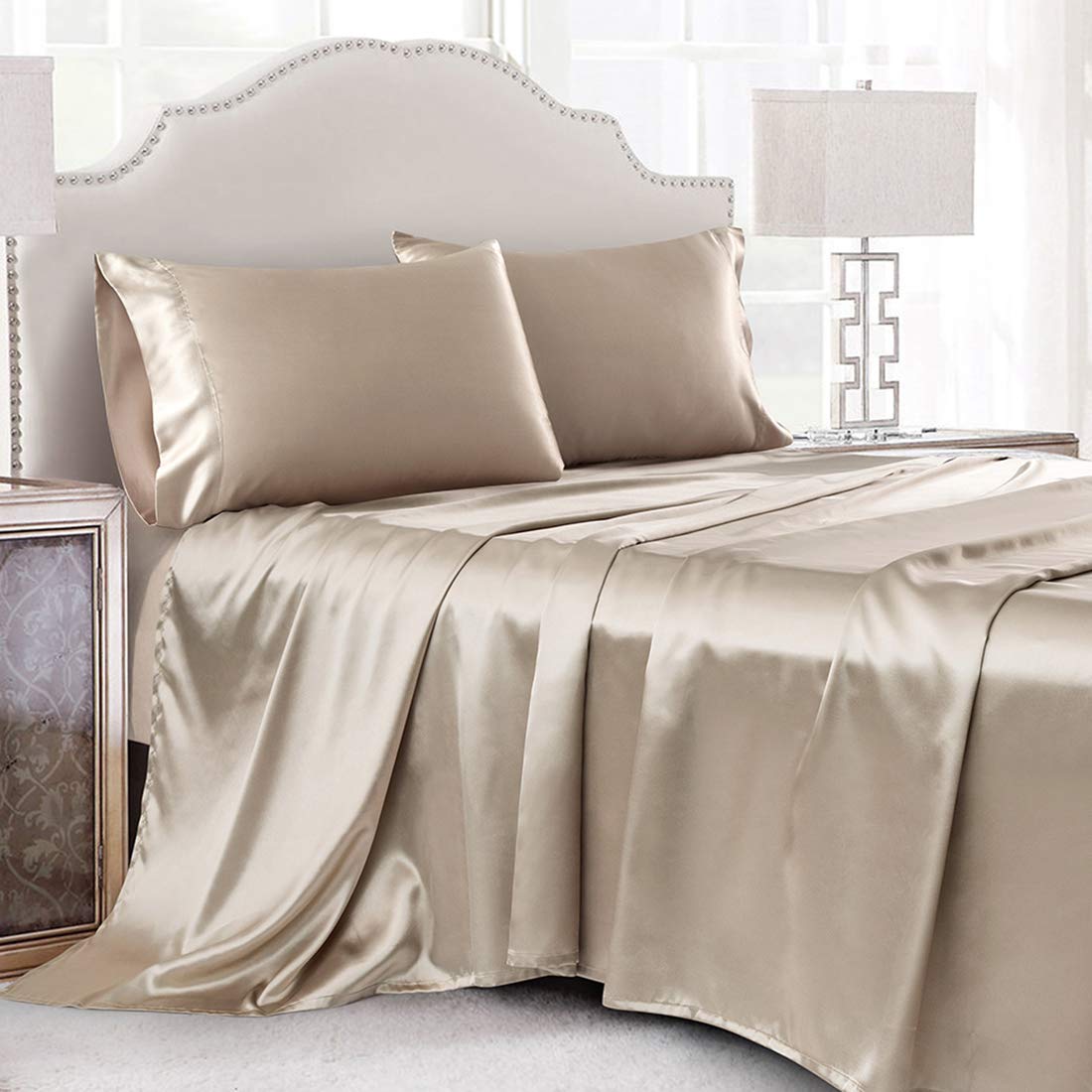 Luxury 4-Piece Queen Satin Sheet Set - Soft Silky Bed Sheets in Taupe with 1 Deep Pocket Fitted Sheet, 1 Flat Sheet & 2 Pillowcases - Perfect for Master Bedroom, Guest Room & Hotel Stays