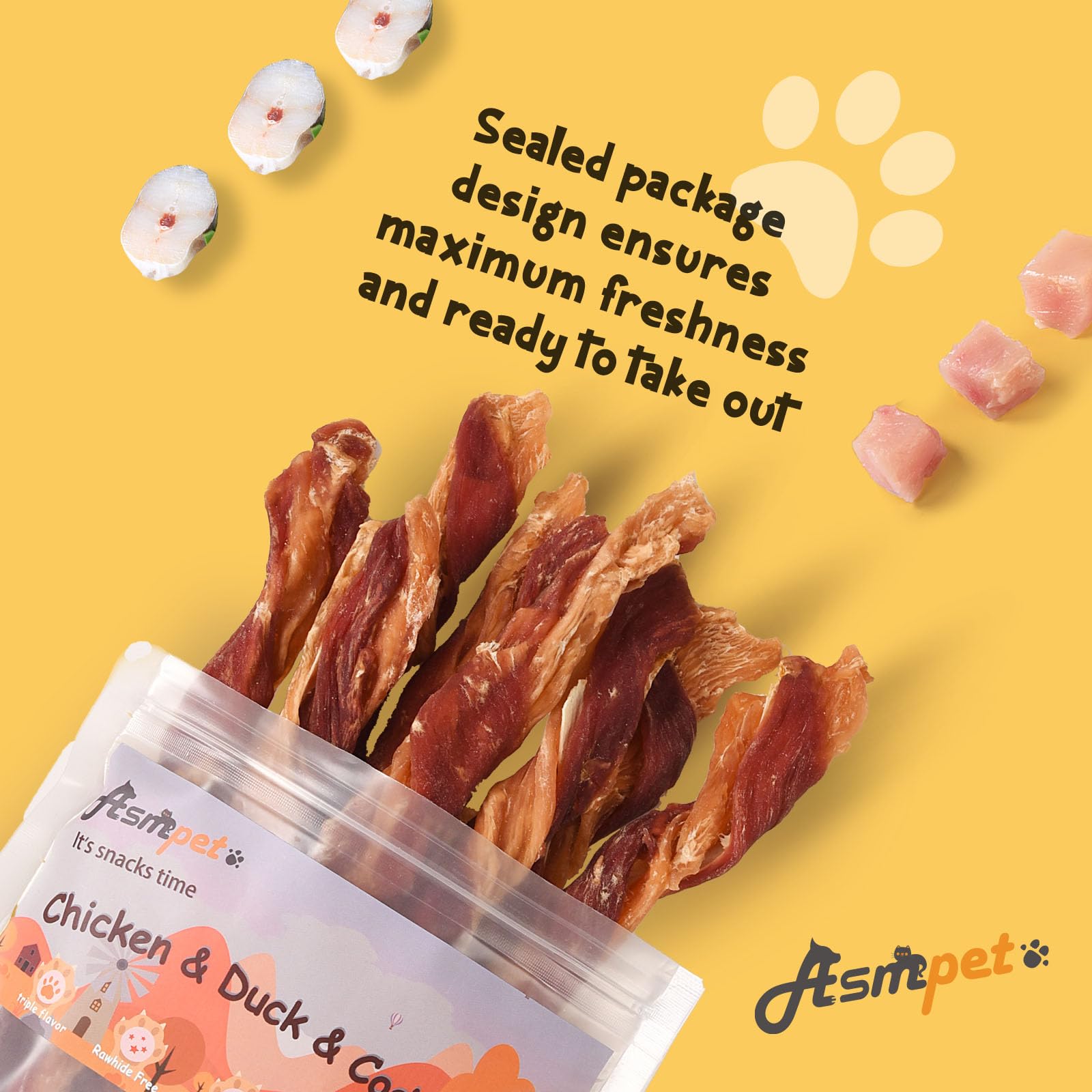 ASMPET Triple Flavor Dog Treats - Chicken, Duck & Cod Jerky Twist Sticks | Grain Free, Rawhide Free Training Snacks for Small, Medium & Large Dogs | 10.58oz | Perfect for Training, Rewards & Dental Health