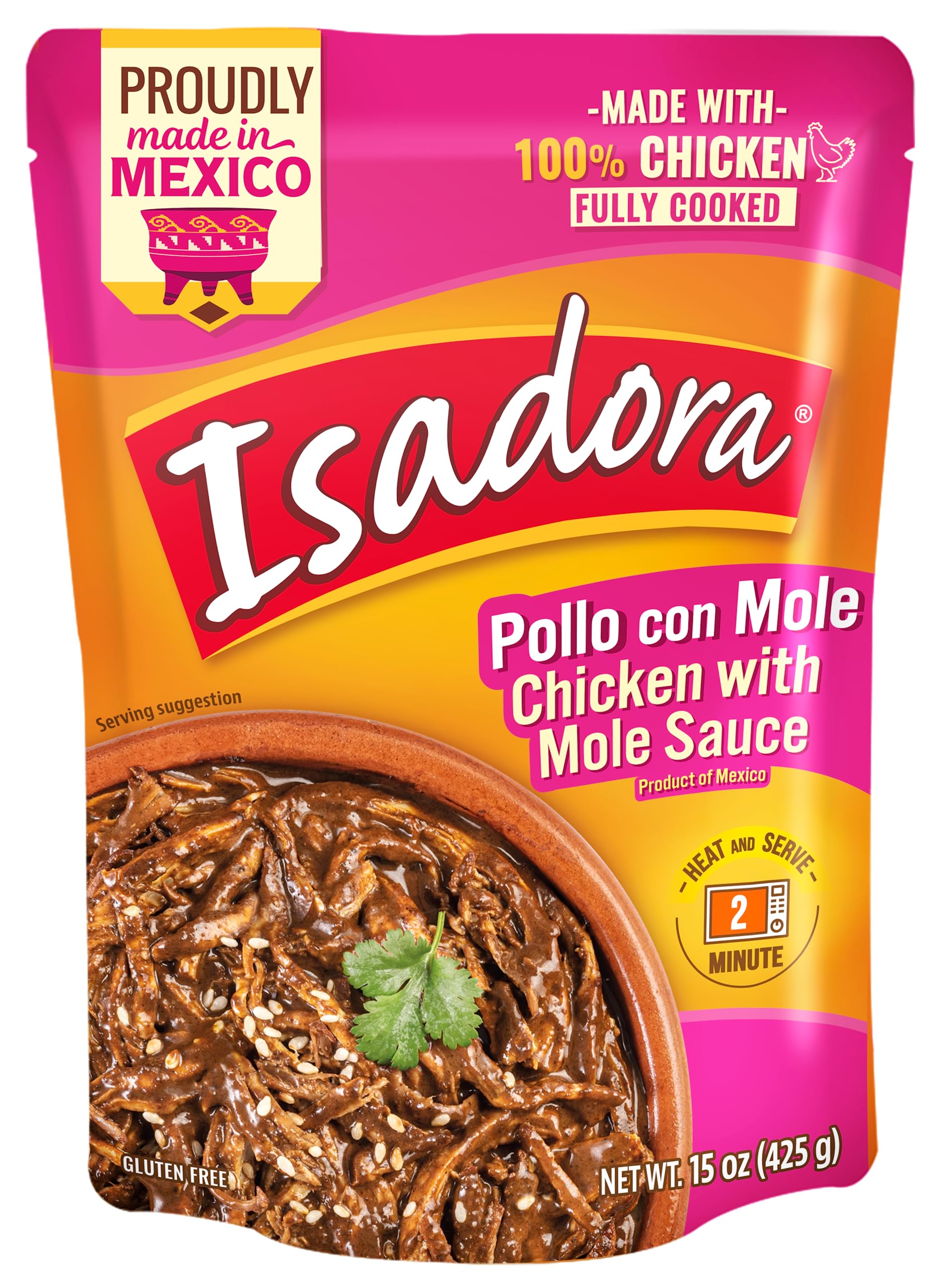 Fully Cooked Isadora Pollo con Mole - 15 oz Ready-to-Eat Mexican Chicken Dish | No Refrigeration Needed | Gluten-Free | 100% Chicken | Perfect for Quick Meals, Camping & Emergency Food Supplies
