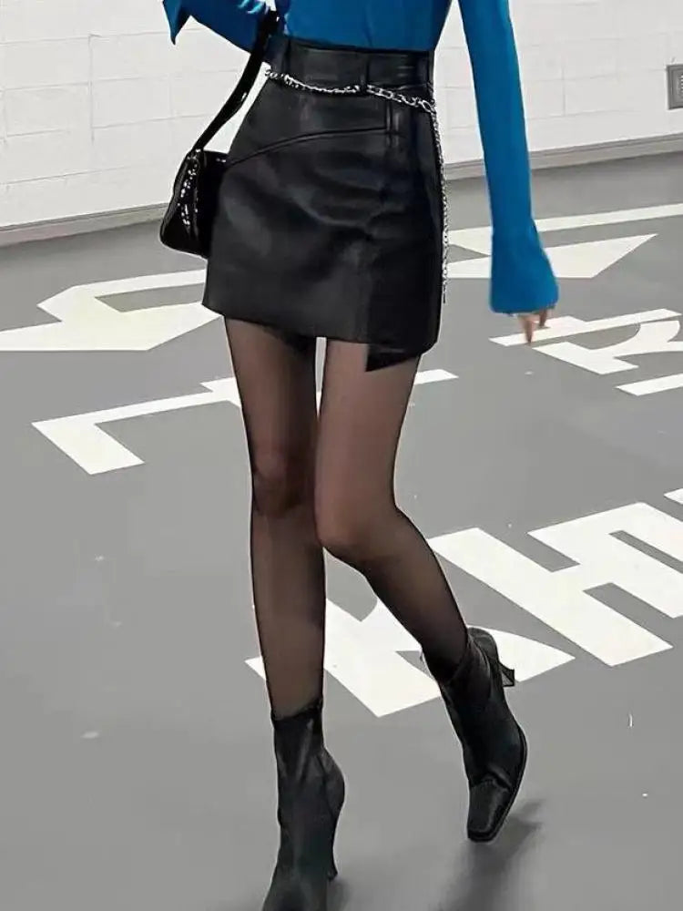 Autumn Women's Brown Chain Belt Mini Skirt - High Waist Slim Leather Bodycon Wrap Hip Short Skirt for Streetwear & Night Out | Trendy Fashion for Parties, Dating & Casual Wear