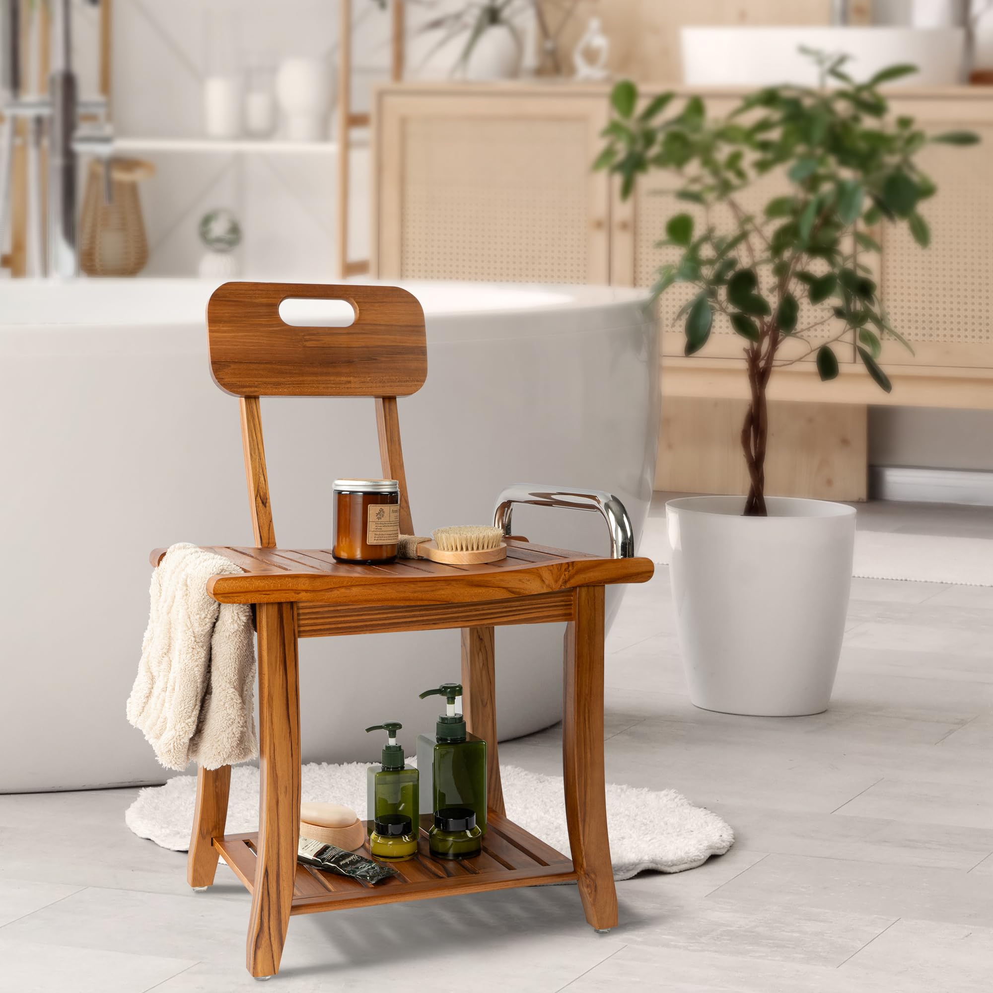 **Premium Teak Shower Bench with Backrest & Handles – 19