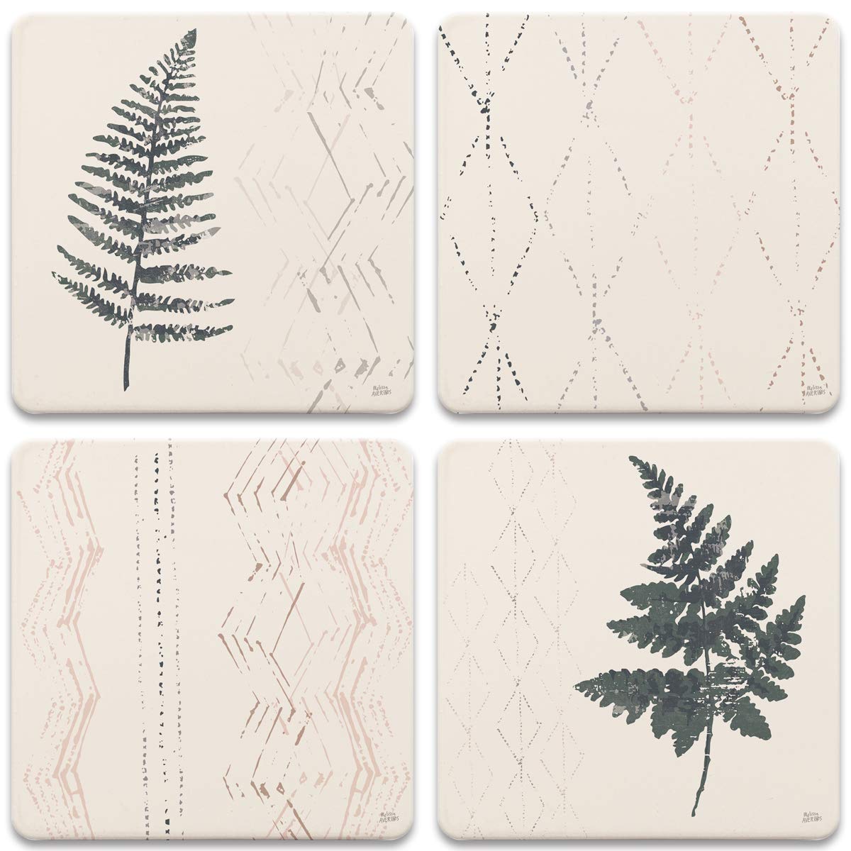 Nordic Fern Drink Coasters Set of 4 - 4.25 Inch Stone Coasters for Coffee Table, Bar, and Home Decor - Waterproof & Heat Resistant Coasters for Glasses and Mugs