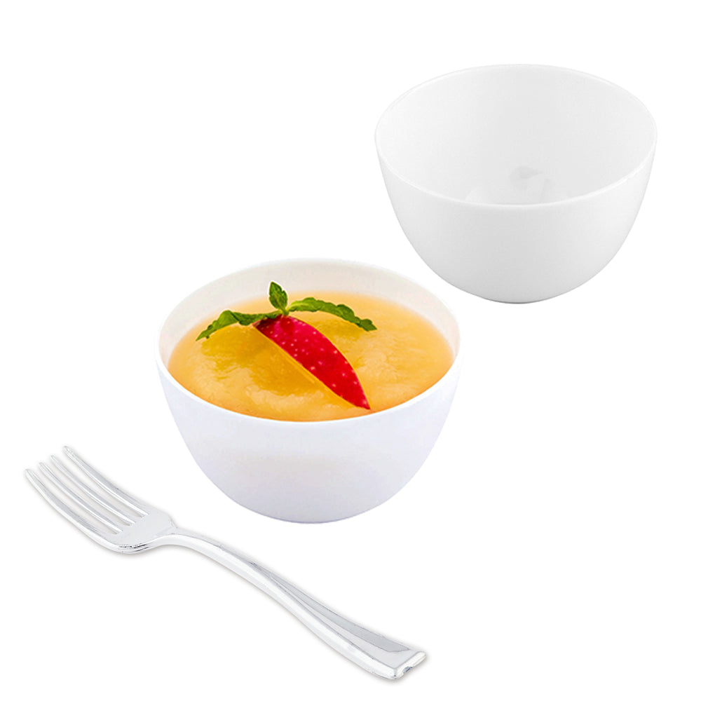 100 Pack 4 oz Round White Plastic Disposable Cups & 100 Silver Mini Plastic Forks - Perfect for Parties, Picnics, Bodegas, and Takeout