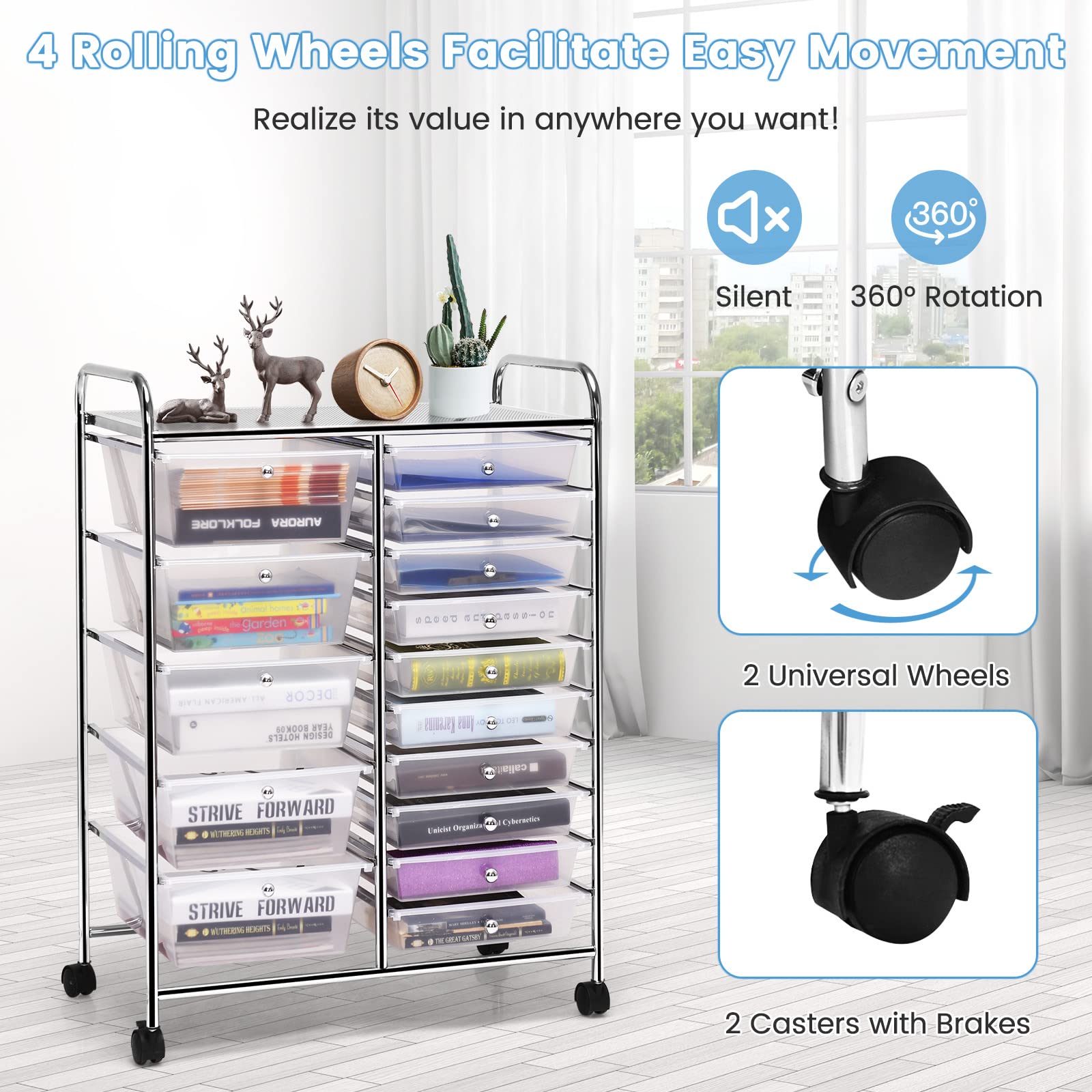 15-Drawer Storage Cart Organizer - Rolling Trolley for Office & School (Clear) - Perfect for Files & Supplies