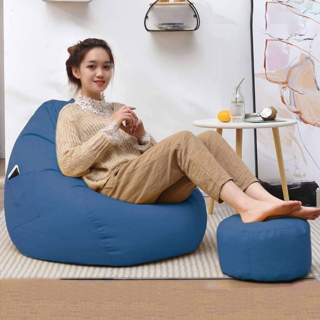 Premium Cotton & Linen Bean Bag Chair Cover - Washable Sofa Slipcover with Inner Lining (No Filler Included) - Navy Blue - Perfect for Indoor Lounging, Outdoor Garden Relaxation & Kids Playroom Decor