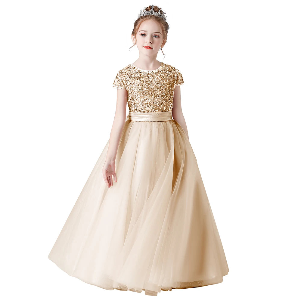 Lace Flower Girl Dress Short Sleeve Princess Gown for Wedding Birthday Party - Perfect for Flower Girls, Pageants, and Special Occasions