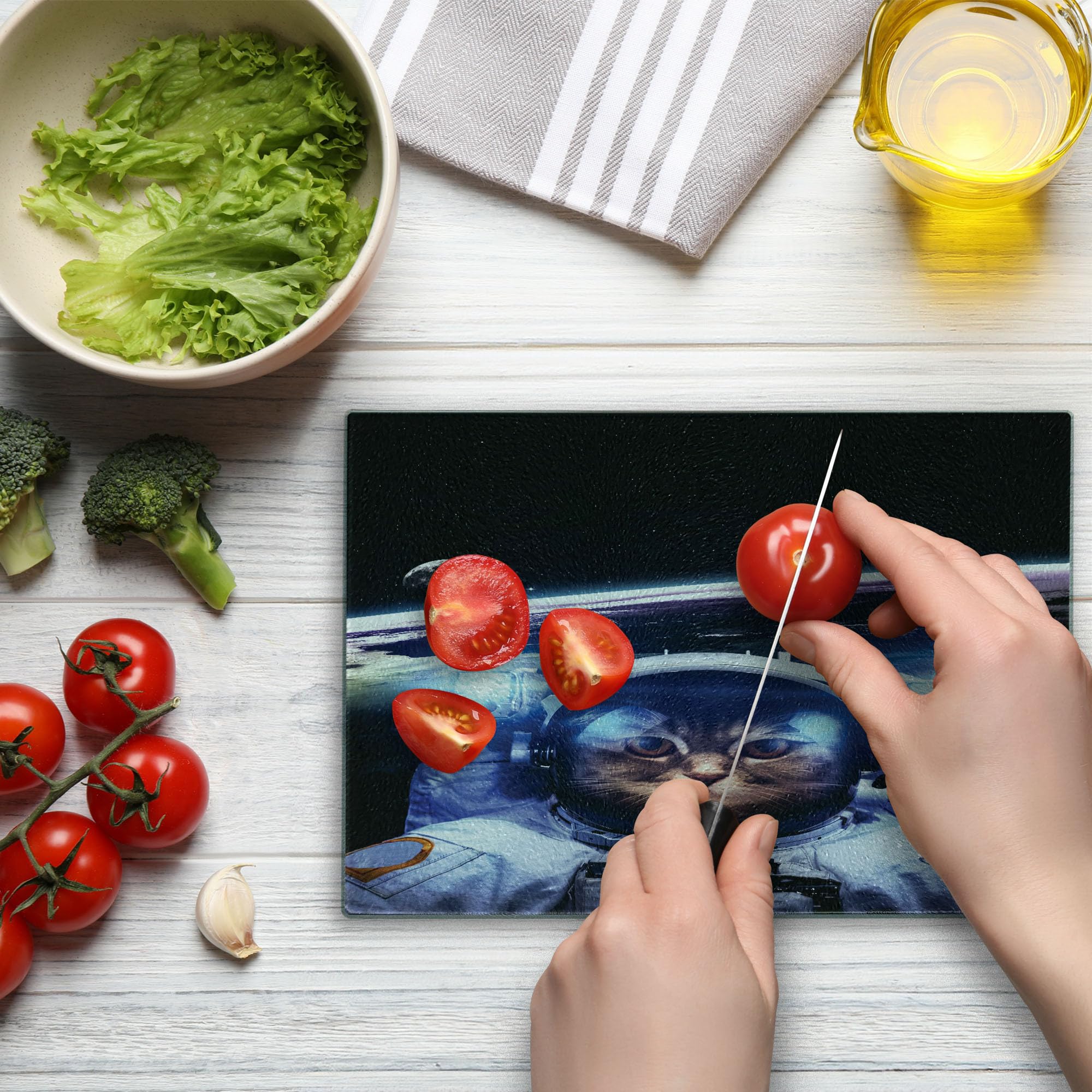 Ambesonne Cat Cutting Board - Funny Astronaut Cat in Space Explorer Design, Tempered Glass Serving Board for Kitchen - Small Size Blue & White - Perfect for Food Prep, Cheese Serving & Home Decor