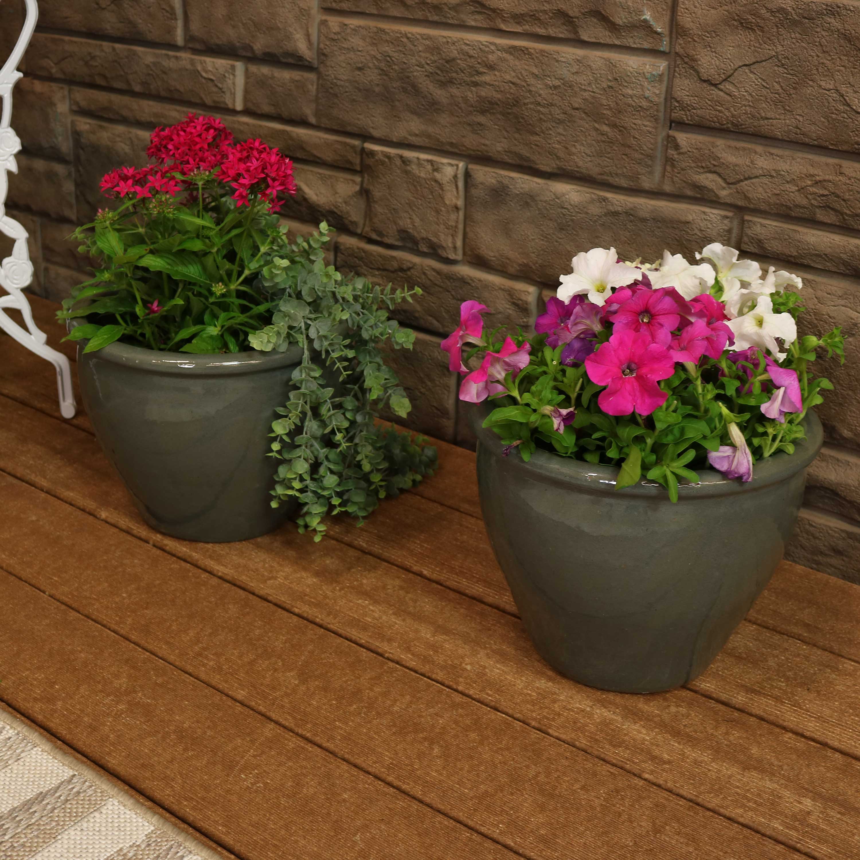 Sunnydaze Chalet Glazed Ceramic Plant Pots with Drainage Holes - Set of 2, Indoor Outdoor Garden Decor for Flowers, Succulents, Herbs - Perfect for Patio, Balcony, and Home Décor