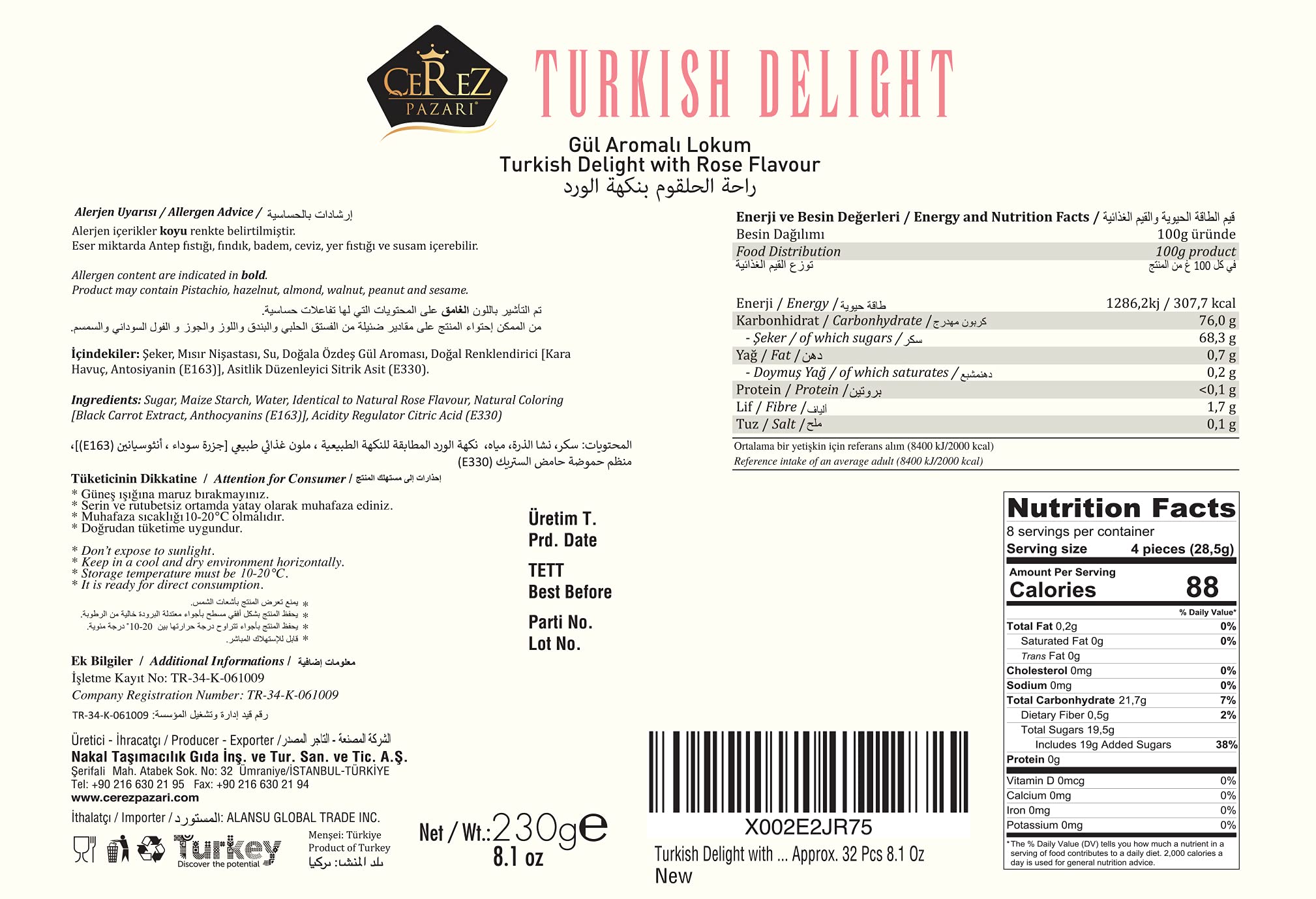 Premium Turkish Delight with Rose Flavor - 230g Gourmet Vegan Candy Gift Box | Traditional Soft Dessert (40 Pieces) | Nut-Free Snacks for Parties, Gifting & Special Occasions