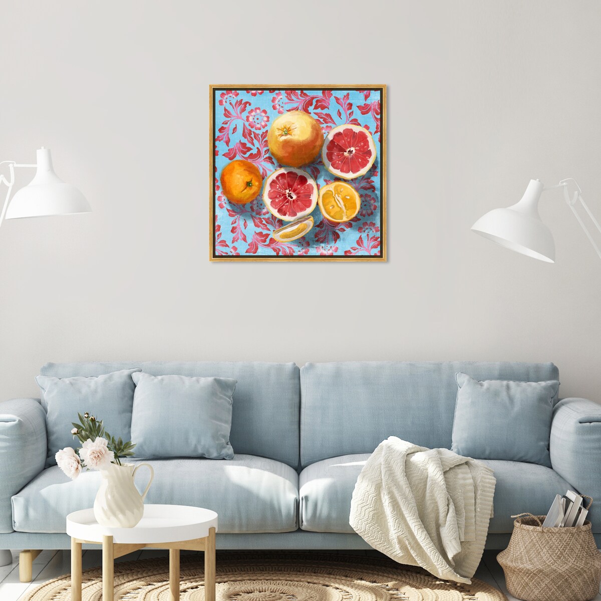 Tropical Citrus Still Life Blue Framed Canvas Wall Art Print - Sour Fruit Kitchen Decor for Cabin & Lodge - Perfect for Farmhouse, Dining Room & Country Style Homes