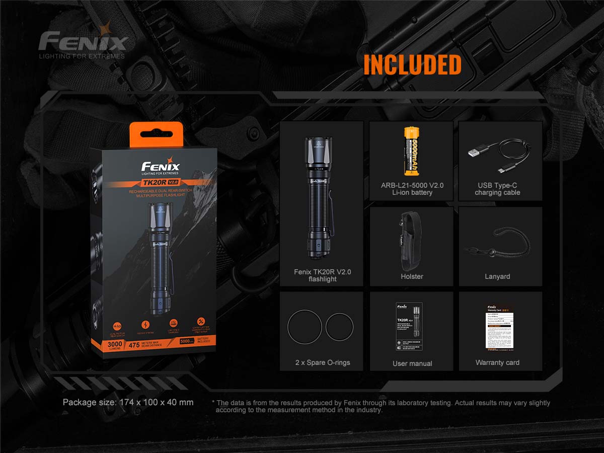 Fenix TK20R V2.0 Tactical Flashlight - 2000 Lumens, Rechargeable, IP68 Waterproof - Perfect for Camping, Hiking & Emergency Use - Custom Engraving Available