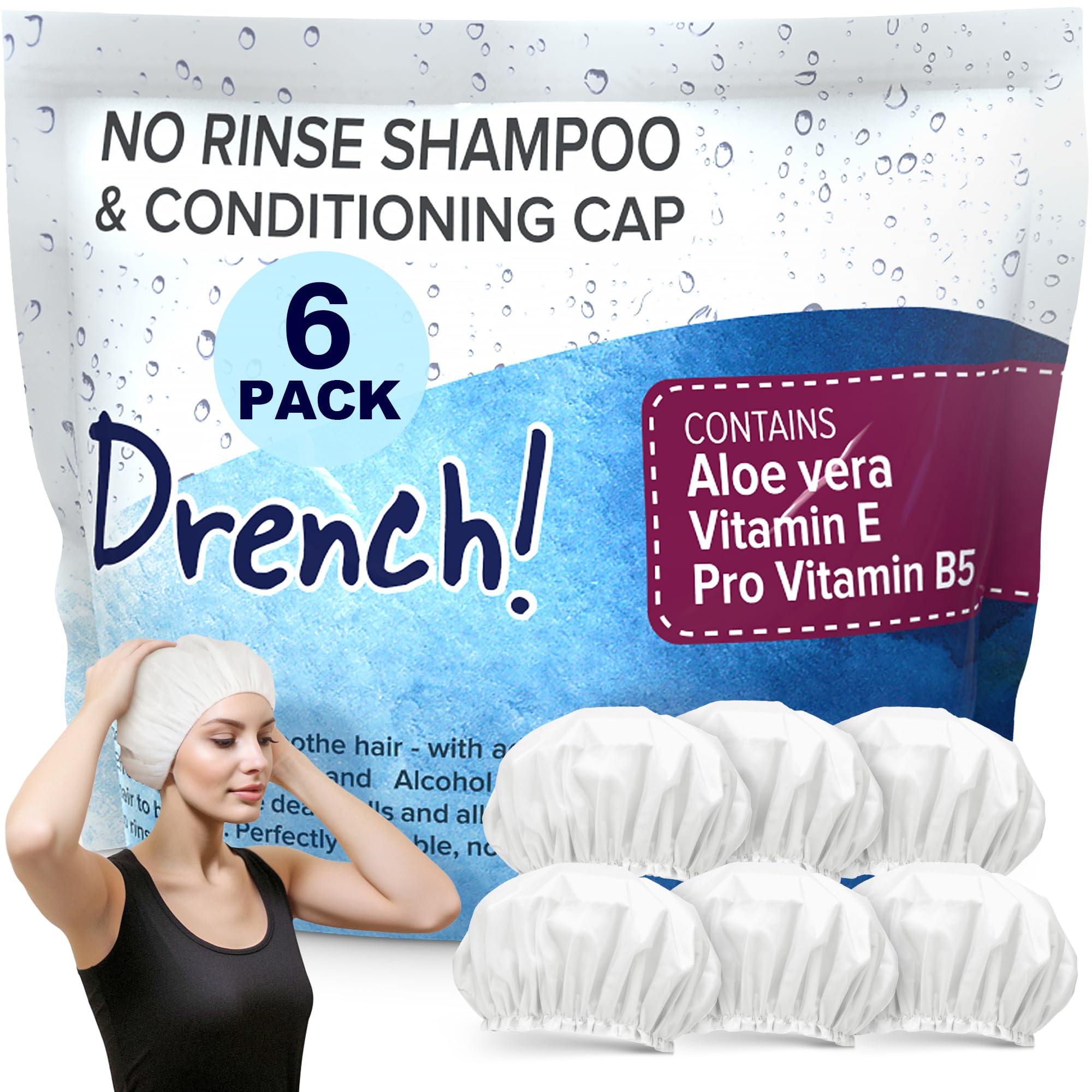 No Rinse Shampoo Caps 6 Pack - Waterless Dry Shampoo & Conditioner for Bedridden Elderly with Aloe Vera, Vitamin E & Provitamin B5 - Dementia Care Products - Ideal for Hospital, Travel & Home Care Use