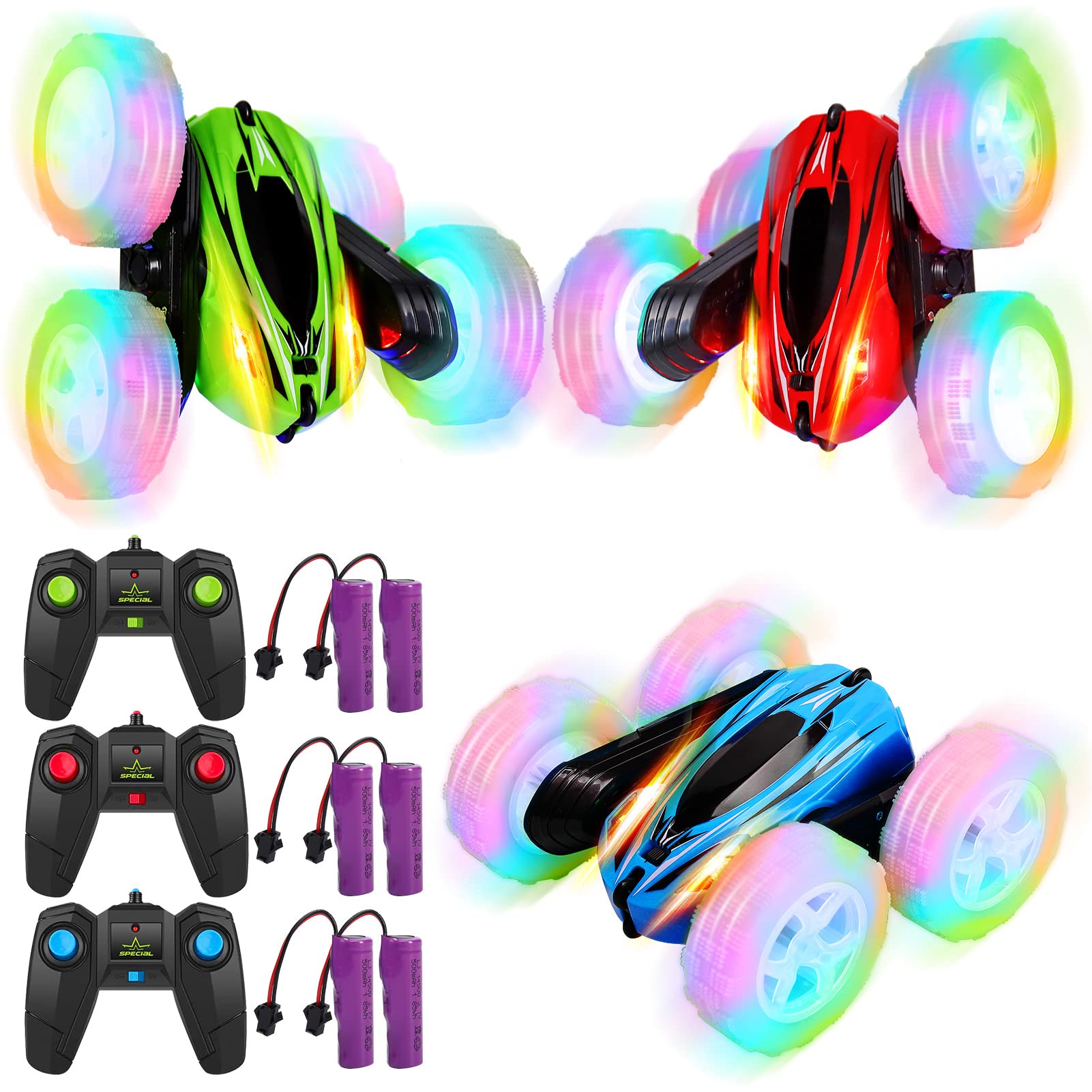 GARVEE 3 Pack 2.4GHz Remote Control Stunt Cars for Kids - 360° Rotating, High Speed 4WD Off Road RC Cars with Wheel Lights, Perfect Gift for Boys & Girls - Great for Indoor Play, Outdoor Racing & Backyard Adventures
