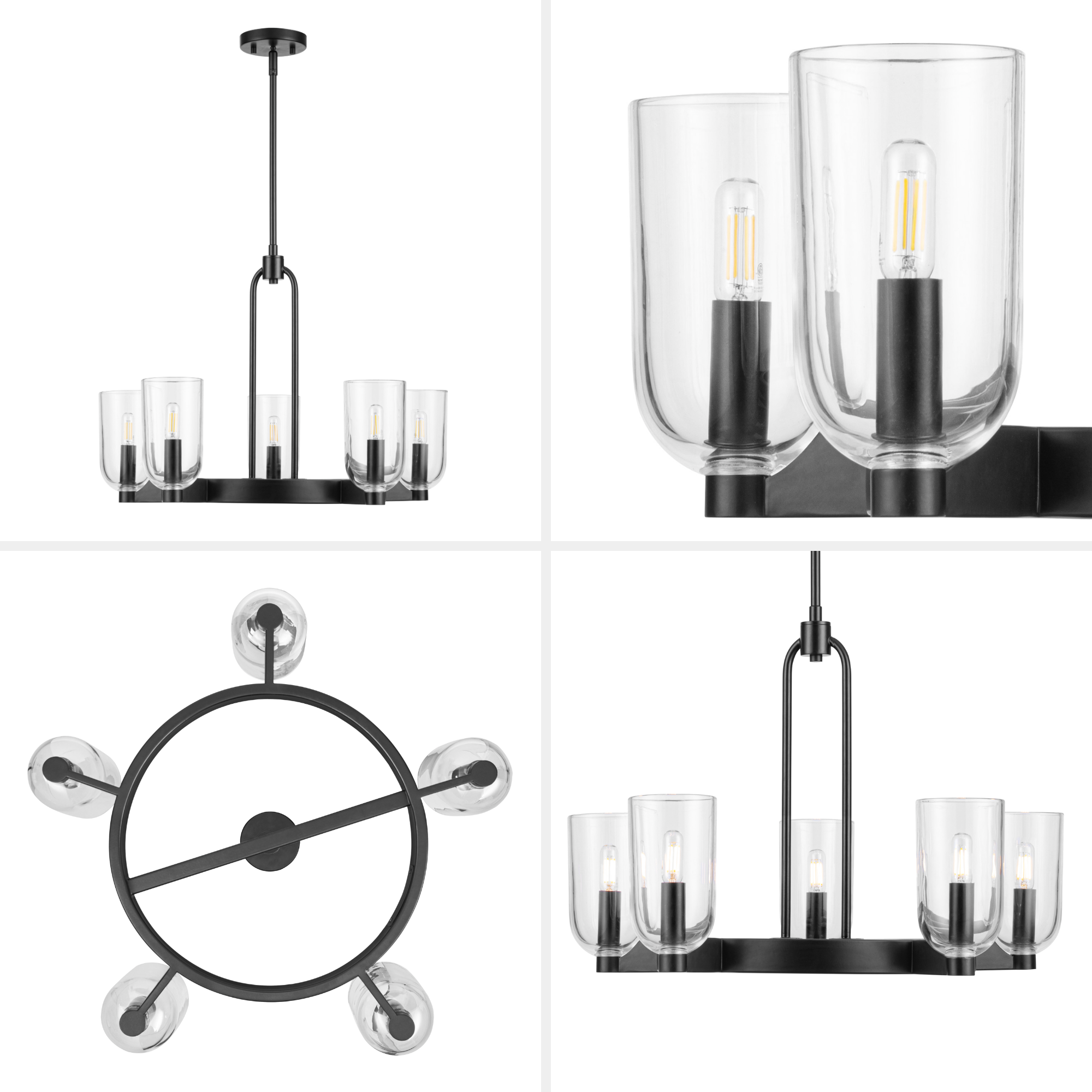 5-Light Hansley Chandelier in Matte Black with Clear Glass Shades - Modern Ceiling Light Fixture for Dining Room, Bedroom or Living Room Decor