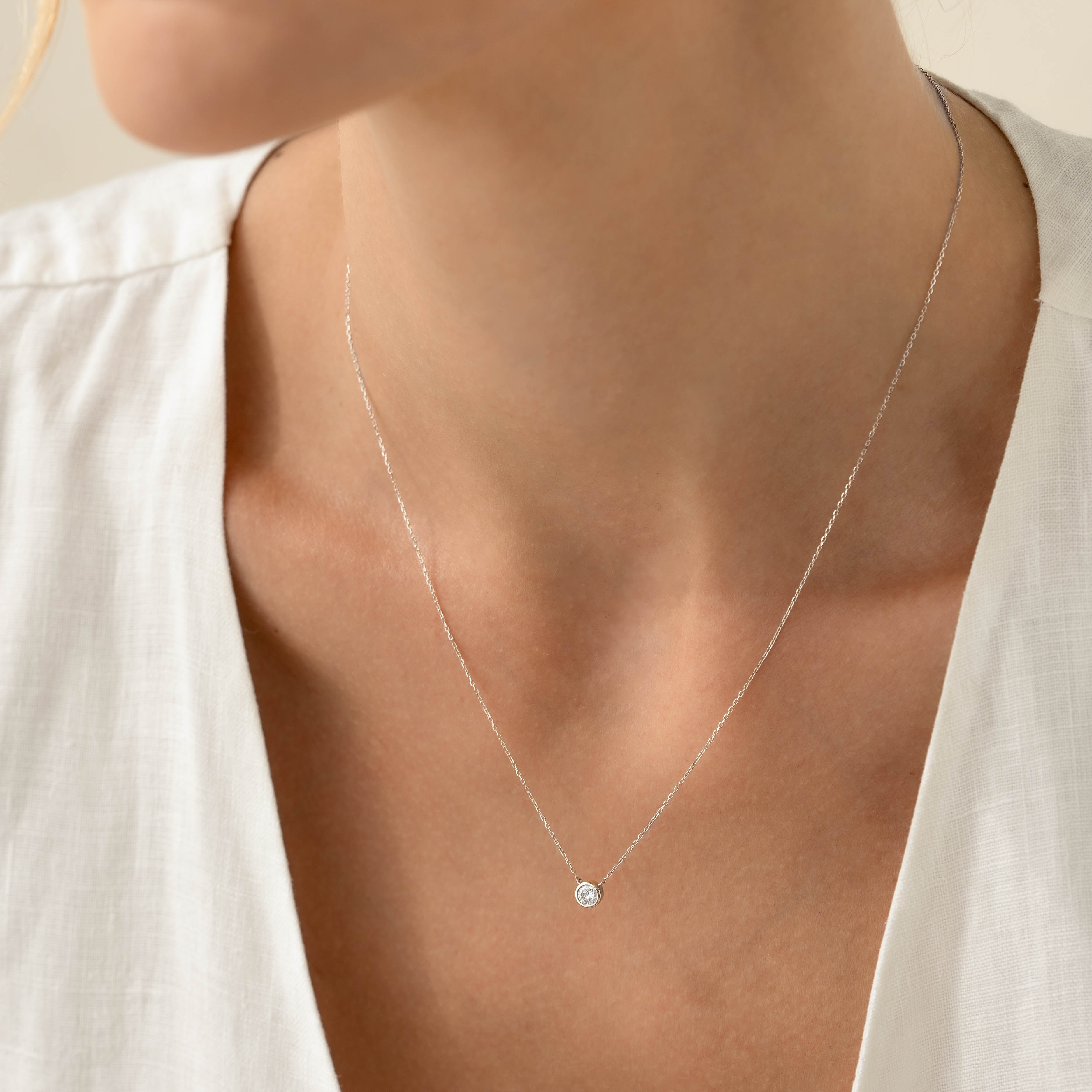 4mm Bezel Set Diamond Necklace in 14K White Gold | Ulla Jewelry for Women | Perfect for Weddings, Anniversaries & Special Occasions