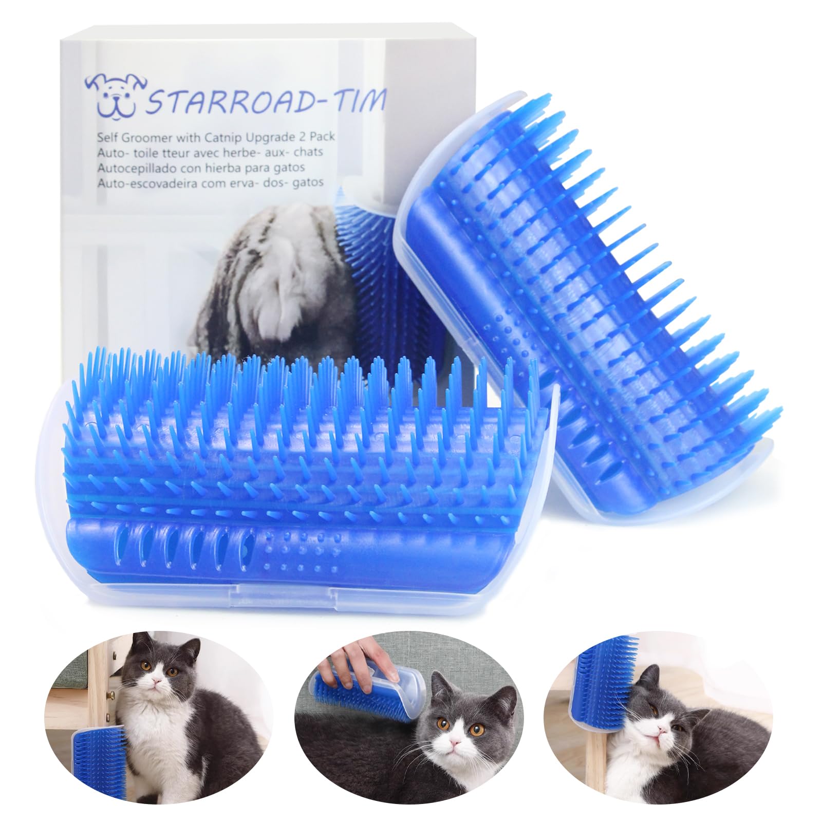 Upgraded Cat Self Groomer Wall Corner Scratcher (2 Pack) - Catnip-Infused Grooming Brush for All Hair Types, Easy to Clean Cat Hair Remover & Massage Comb - Blue - Perfect for Indoor Cats & Multi-Cat Households