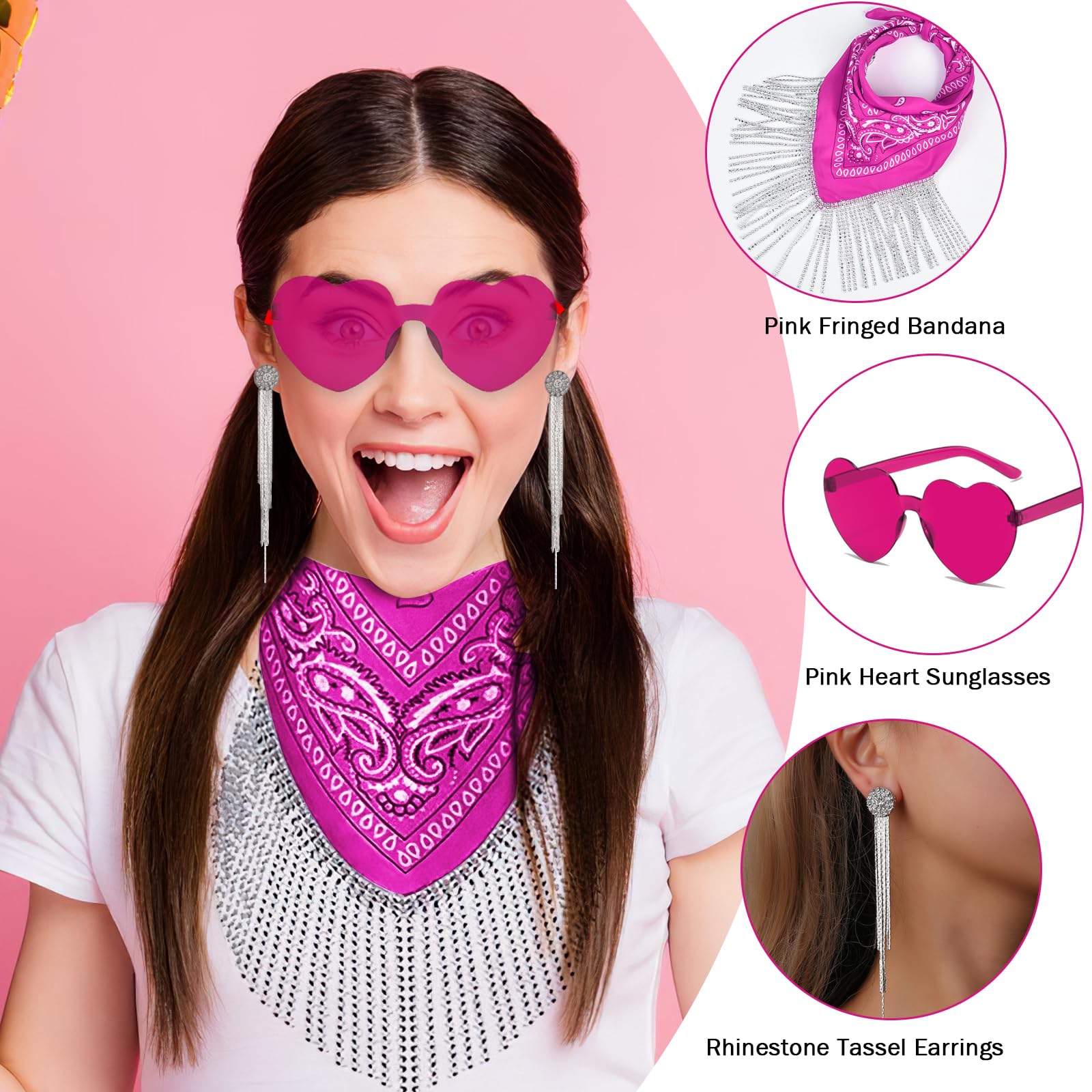 Sparkly Rhinestone Fringe Bandana for Women & Men - Disco Cowgirl & Bachelorette Party Accessory - Halloween Costume Bandana with Heart Sunglasses - Perfect for Music Festivals, Rodeos & Themed Parties