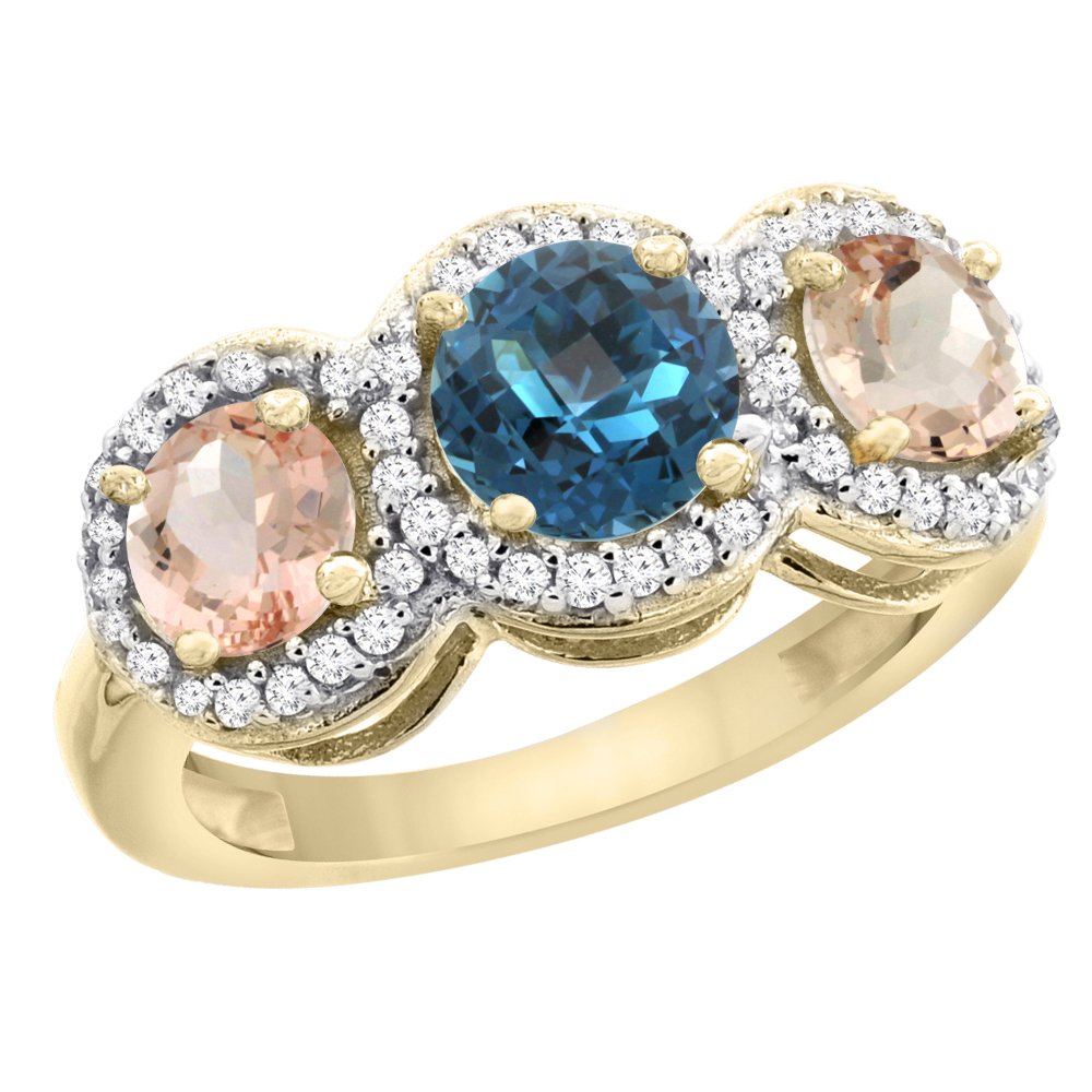 10K Yellow Gold Natural London Blue Topaz & Morganite Round 3-Stone Ring with Diamond Accents - Size 5-10 | Elegant Engagement, Anniversary & Gift Jewelry for Women