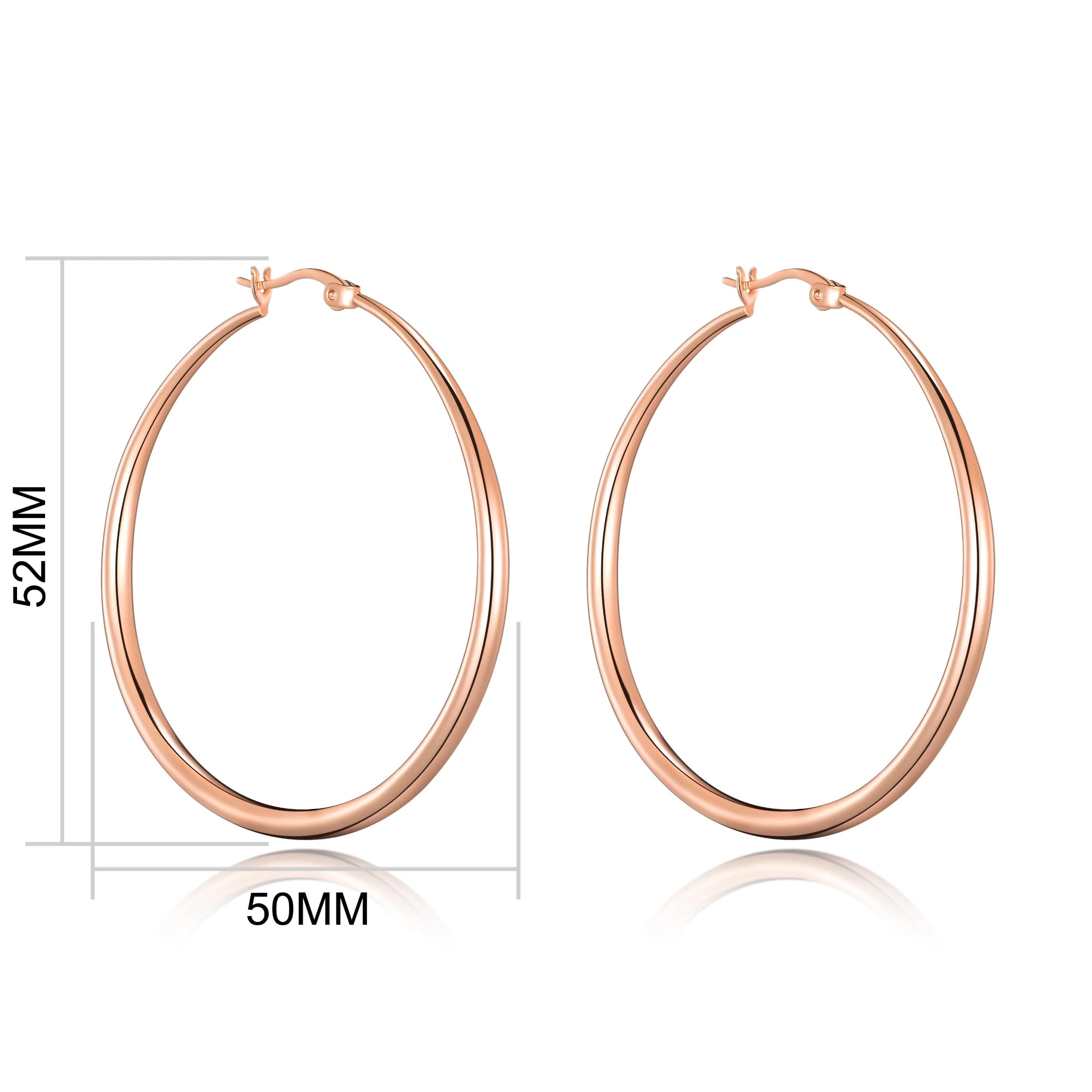 Philip Jones Rose Gold Plated 50mm Hoop Earrings for Women - Elegant Dangle Hoops for Party, Wedding & Everyday Wear