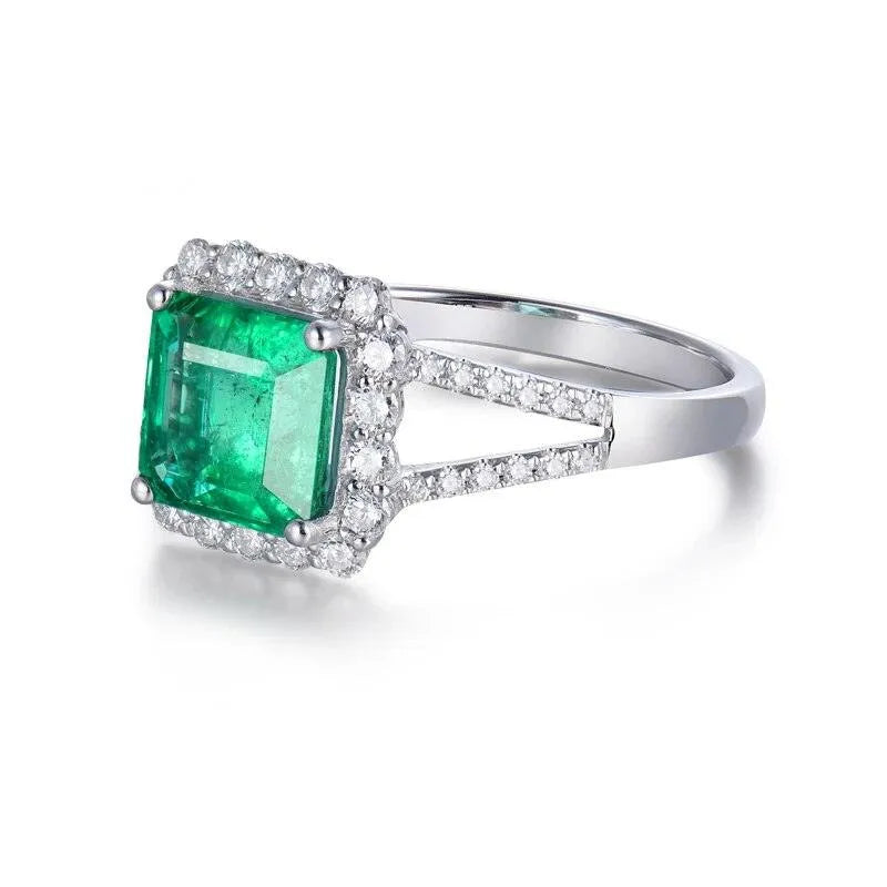 18K White Gold Diamond & Emerald Ring for Women - 8x8mm Sparkling Solid AU750 Wedding Band, Anniversary Gift, Trendy 2022 Jewelry - Perfect for Engagement, Party & Special Occasions