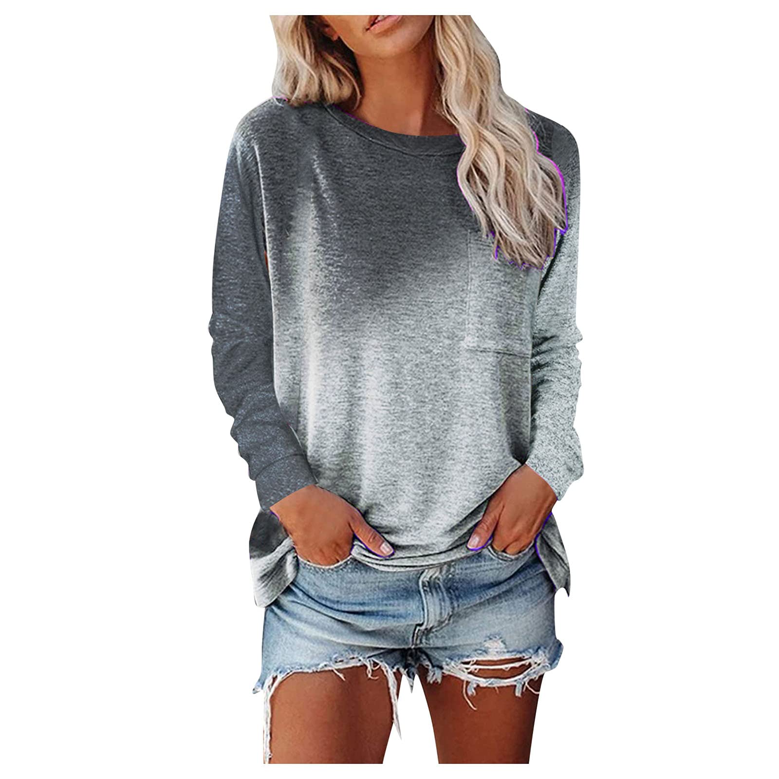 Women's Long Sleeve Crew Neck T-Shirts - Gradient Color Casual Blouses & Tunics - Soft Graphic Tee Sweatshirt for Everyday Wear, Work & Weekend Outfits