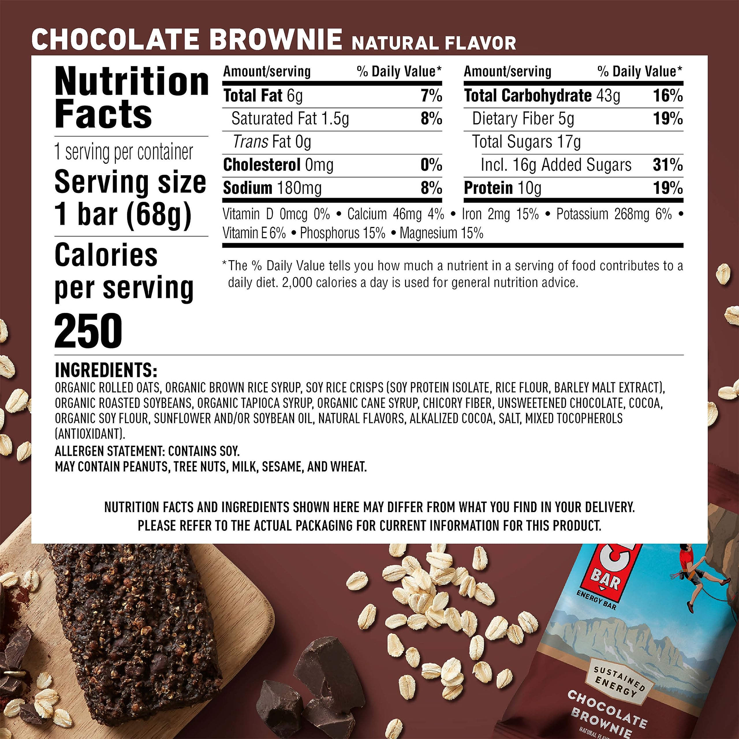 Clif Bar Chocolate Brownie - 10g Protein Energy Bar - Organic Oats - for Hiking & Workouts