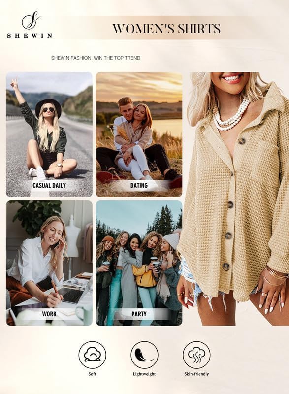 SHEWIN Women's Waffle Knit Button Down Shirt - Casual Long Sleeve Shacket Jacket, Boyfriend Style Loose Fit Blouse for Fall & Winter | Perfect for Layering, Office Wear, and Weekend Outfits
