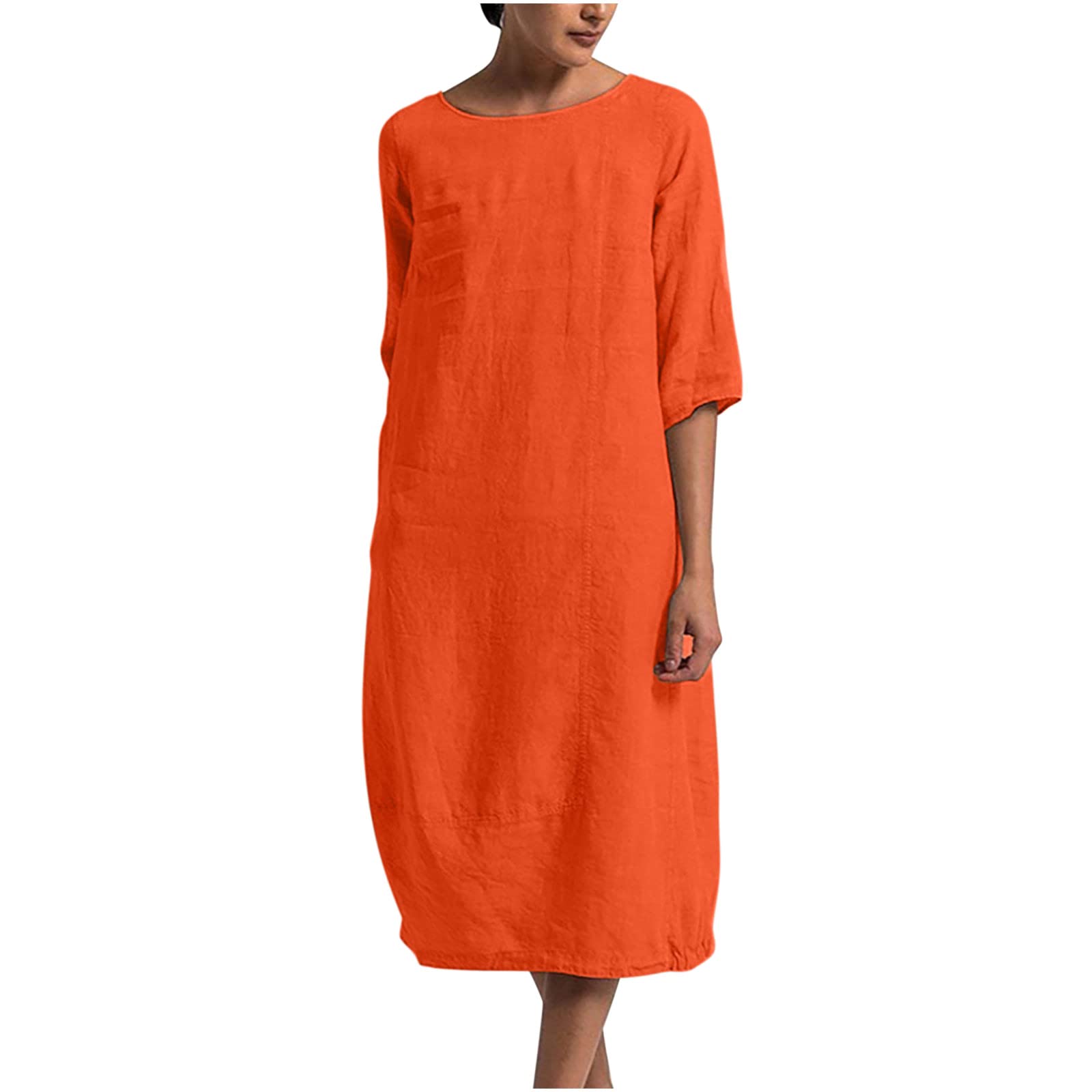 Ceimmol Women's Linen Midi Dress - Plus Size Summer Dress with Half Sleeves & Crew Neck - Comfortable Solid Color Casual Dress for Women | Perfect for Beach, Vacation, and Everyday Wear