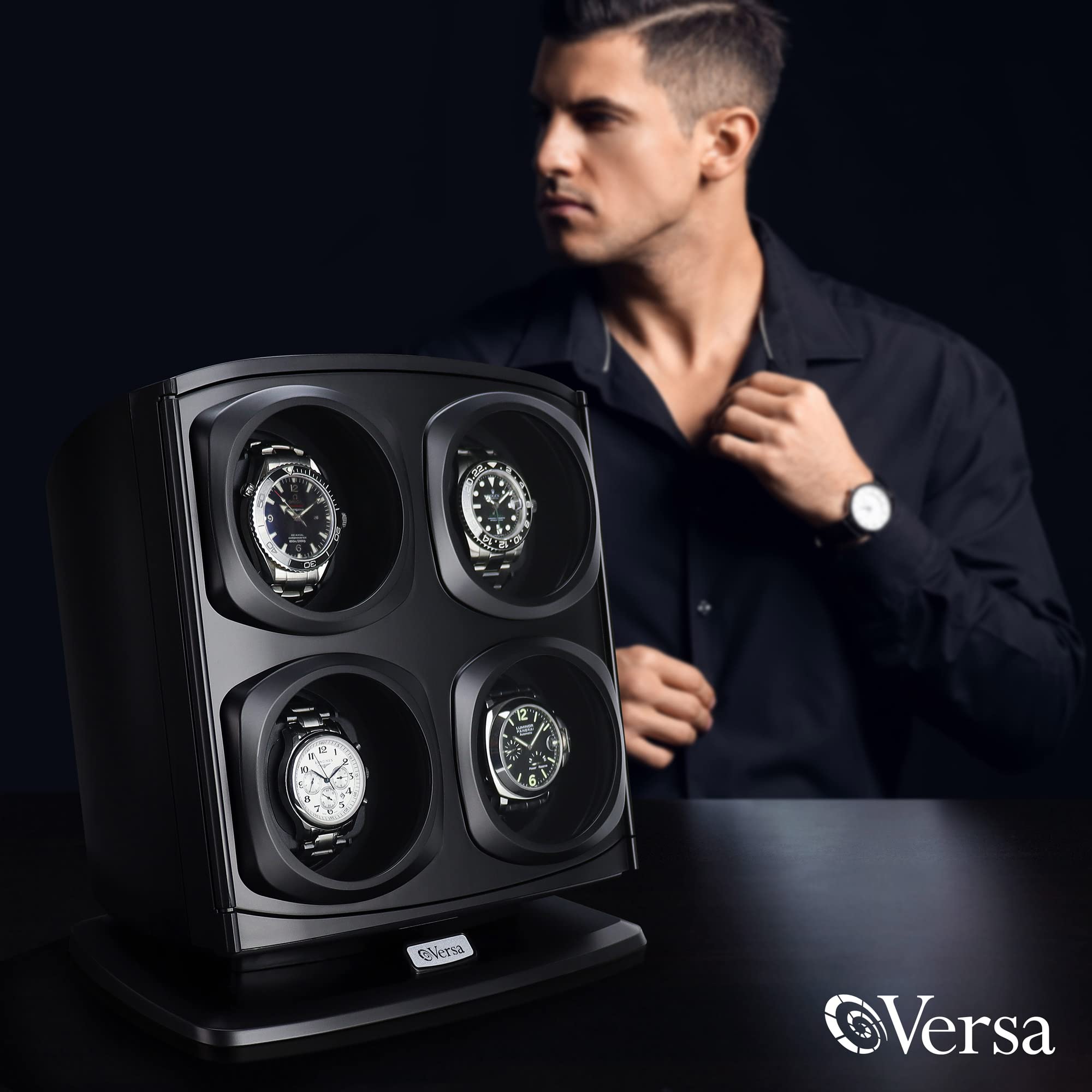 Versa Quad Watch Winder for Automatic Watches - 4 Independent Watch Winders with Adjustable Pillows & Multiple Rotation Modes | Perfect for Watch Collectors, Luxury Timepiece Storage & Display (Black)