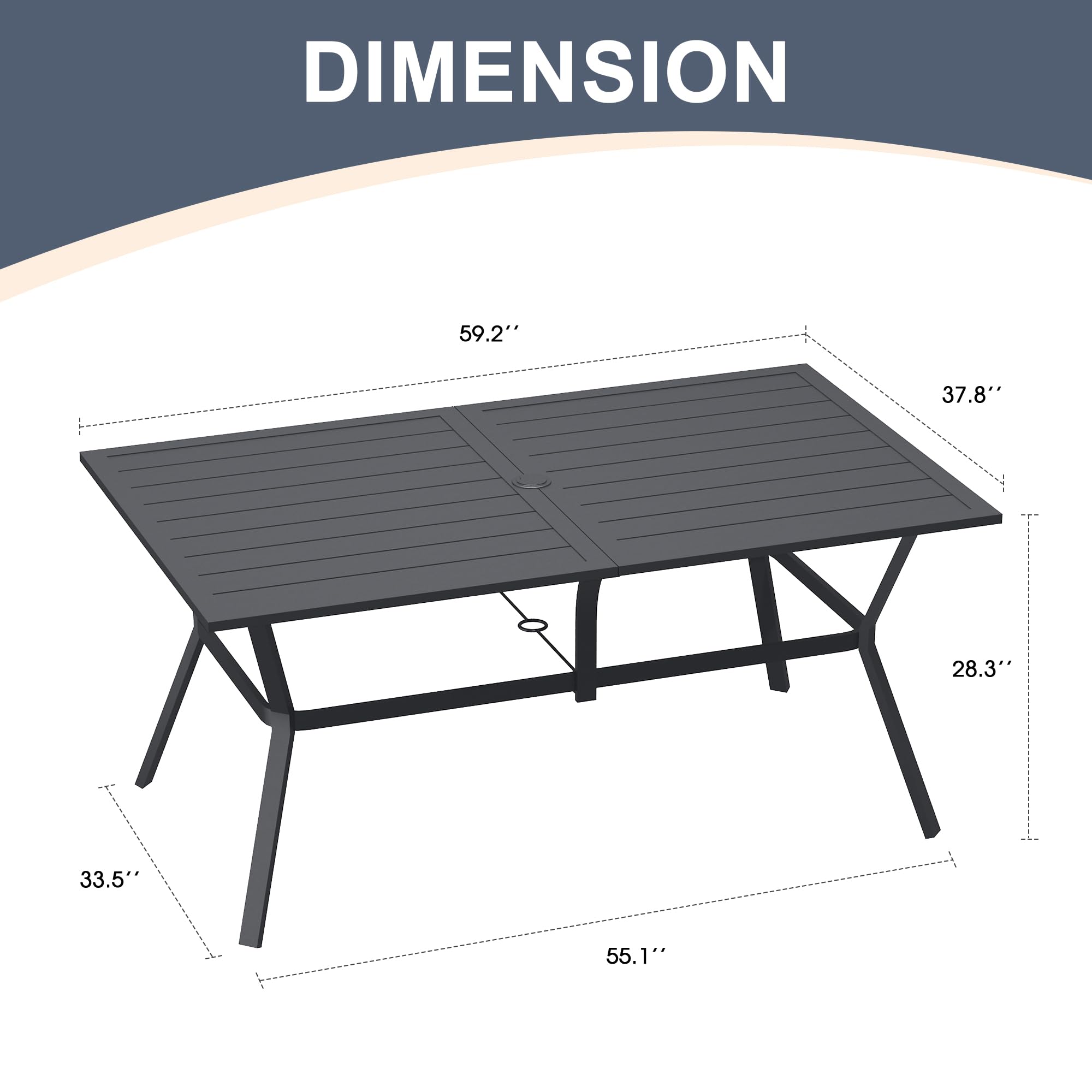 VICLLAX 6-Person Outdoor Dining Table - Rectangle Metal Steel Slat Patio Table with Umbrella Hole for Garden, Backyard, Deck, Poolside - Weather-Resistant Black Furniture for Summer BBQ & Family Gatherings