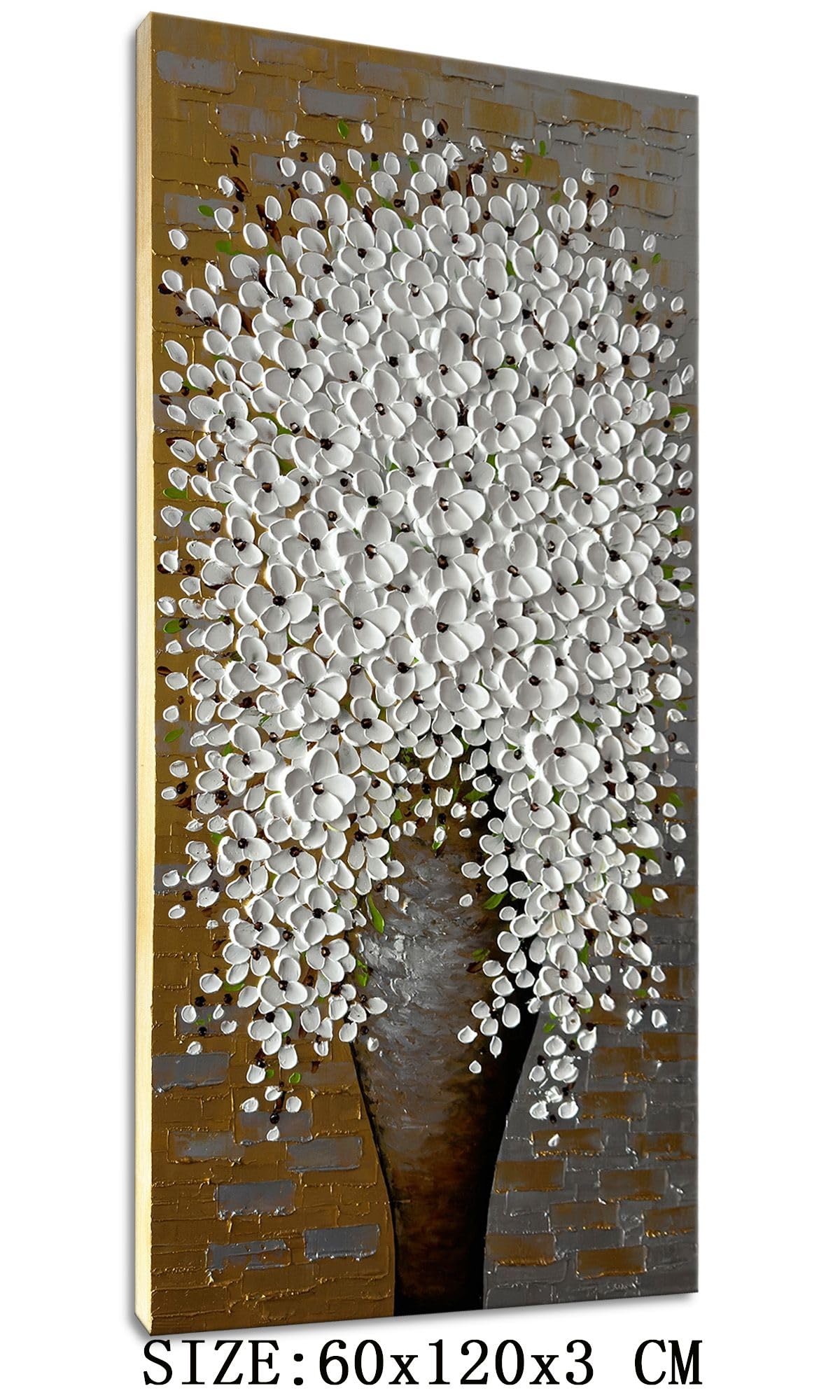 Zoinart 3D Floral Oil Paintings 24x48 Inch Hand-Painted Abstract Large Canvas Wall Art - White Flower Vertical Decorative Framed Texture Artwork Ready to Hang for Living Room, Bedroom & Office Decor