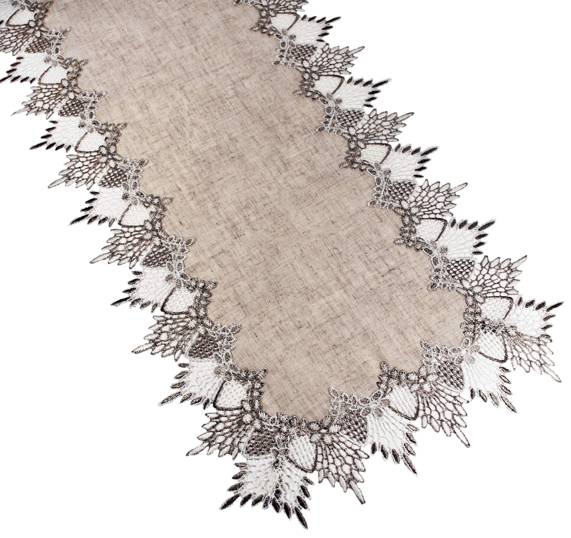 Neutral Earth Tones Lace Table Runner - 16x72 Inch Long Bohemian Dresser Scarf for Rustic Farmhouse Decor | Perfect for Dining Tables, Buffets, and Wedding Centerpieces